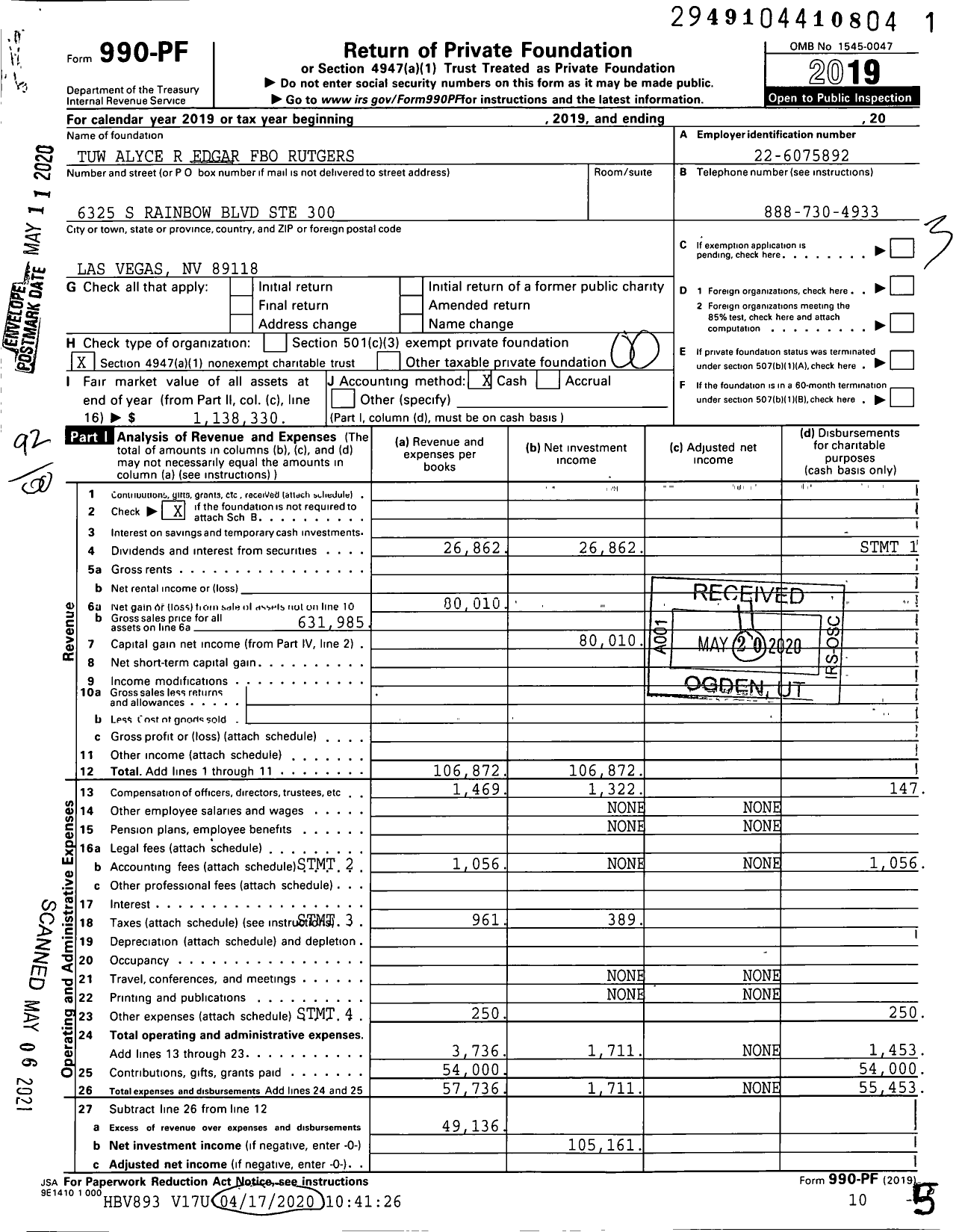 Image of first page of 2019 Form 990PF for Tuw Alyce R Edgar Fbo Rutgers