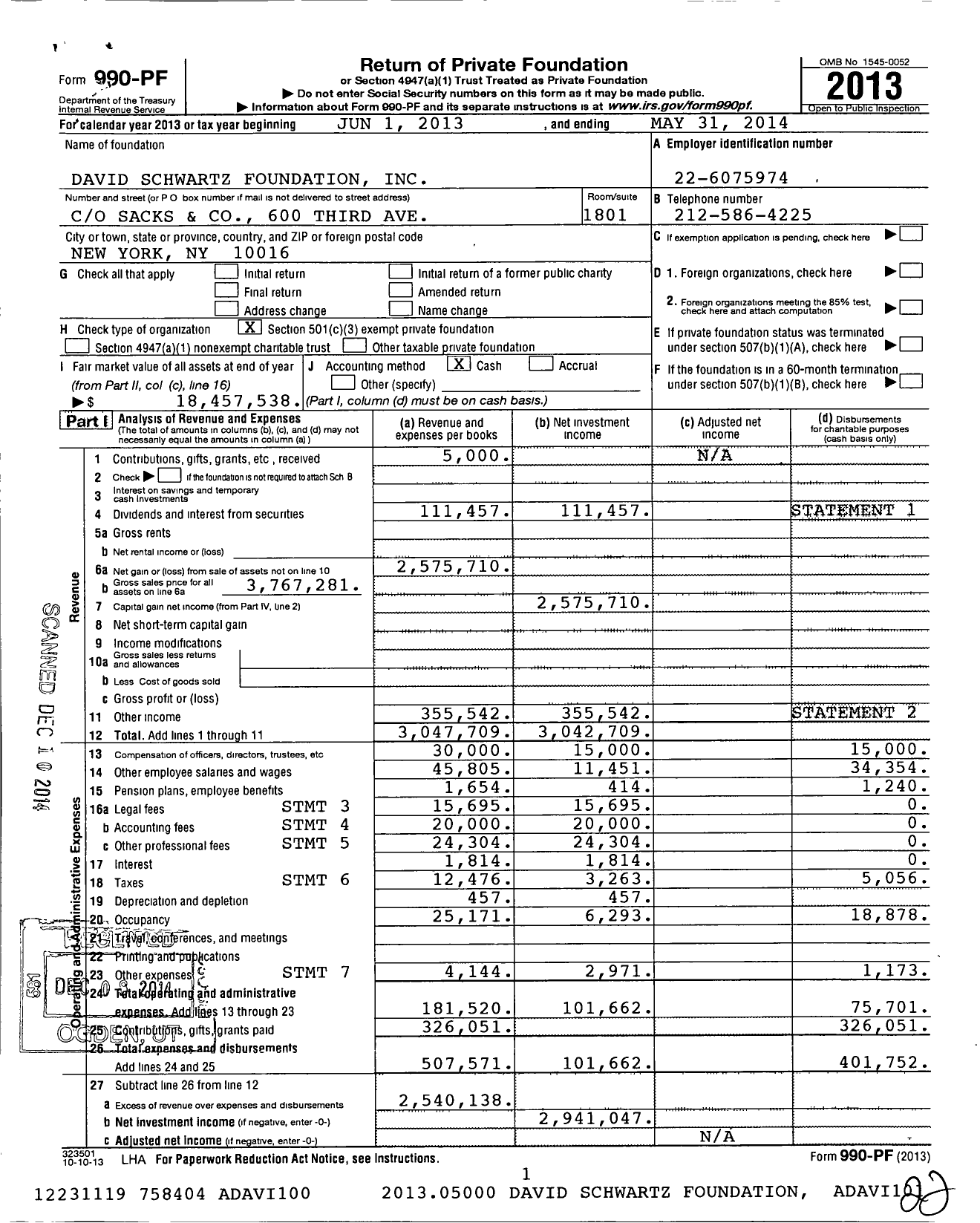 Image of first page of 2013 Form 990PF for David Schwartz Foundation