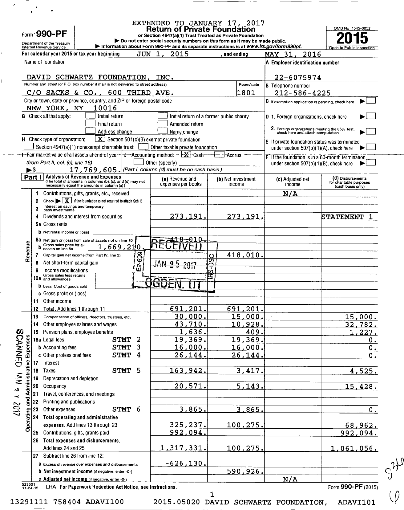 Image of first page of 2015 Form 990PF for David Schwartz Foundation