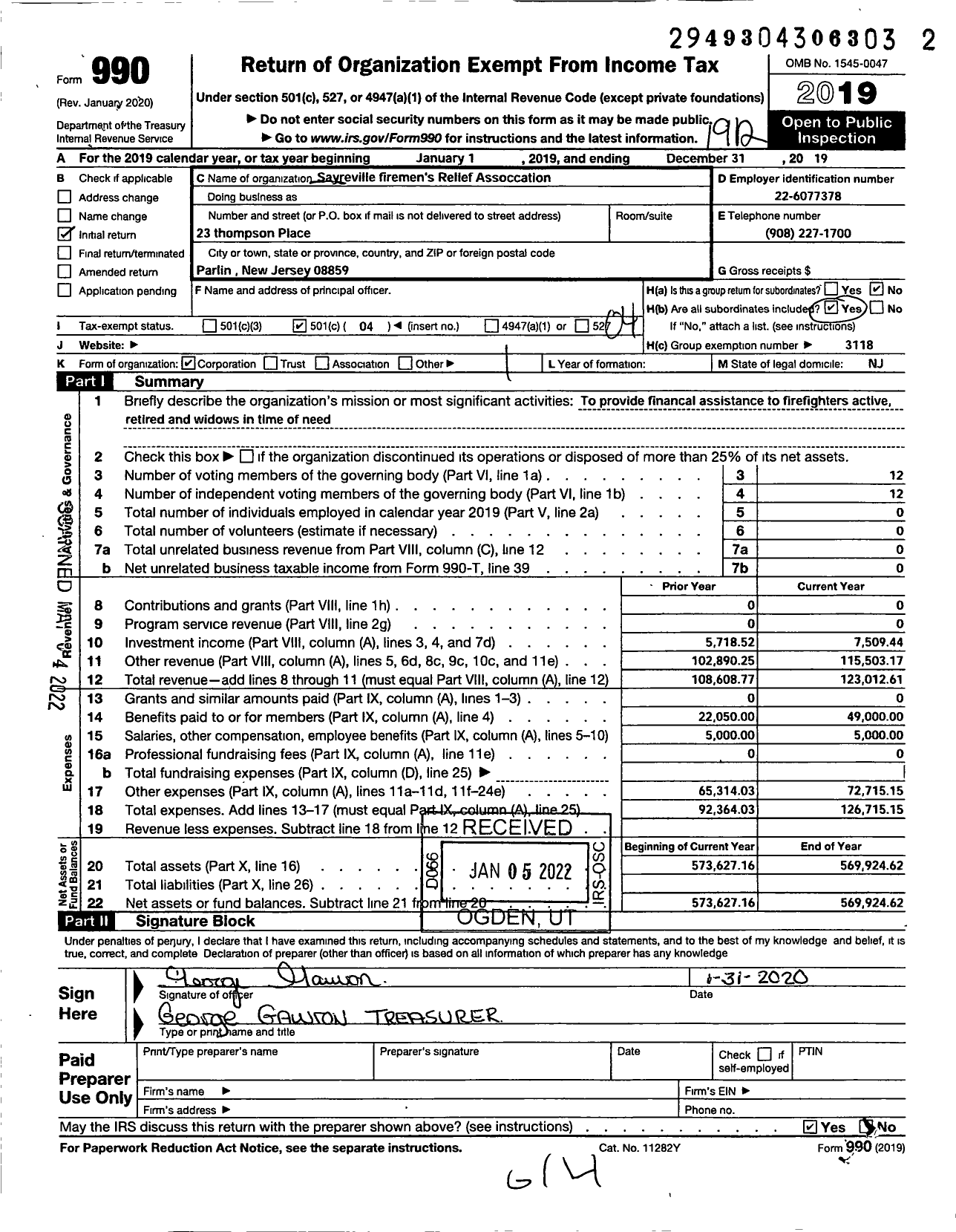 Image of first page of 2019 Form 990O for New Jersey State Firemen's Association - Sayreville