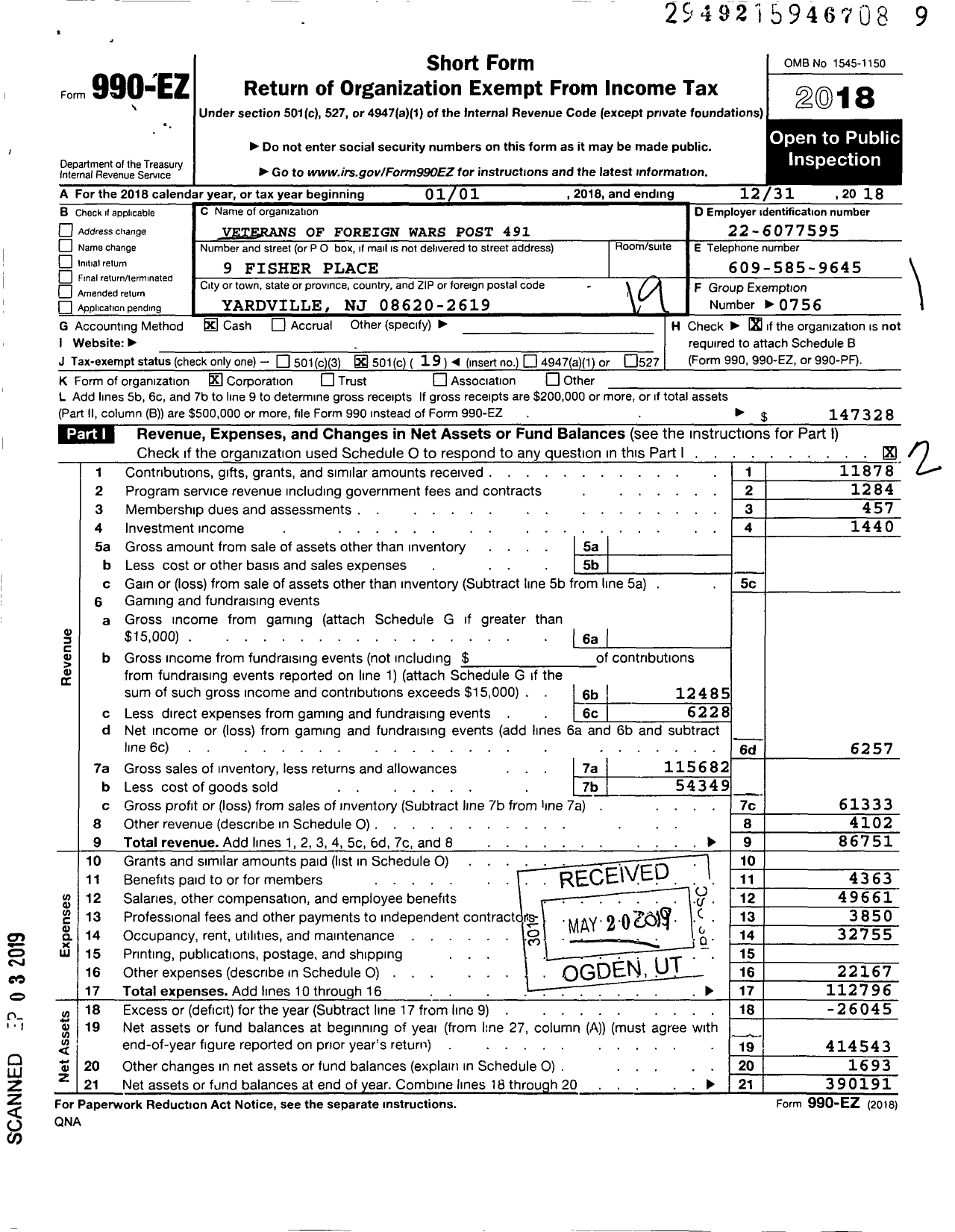 Image of first page of 2018 Form 990EO for Department of New Jersey VFW - 491 Yardville Post