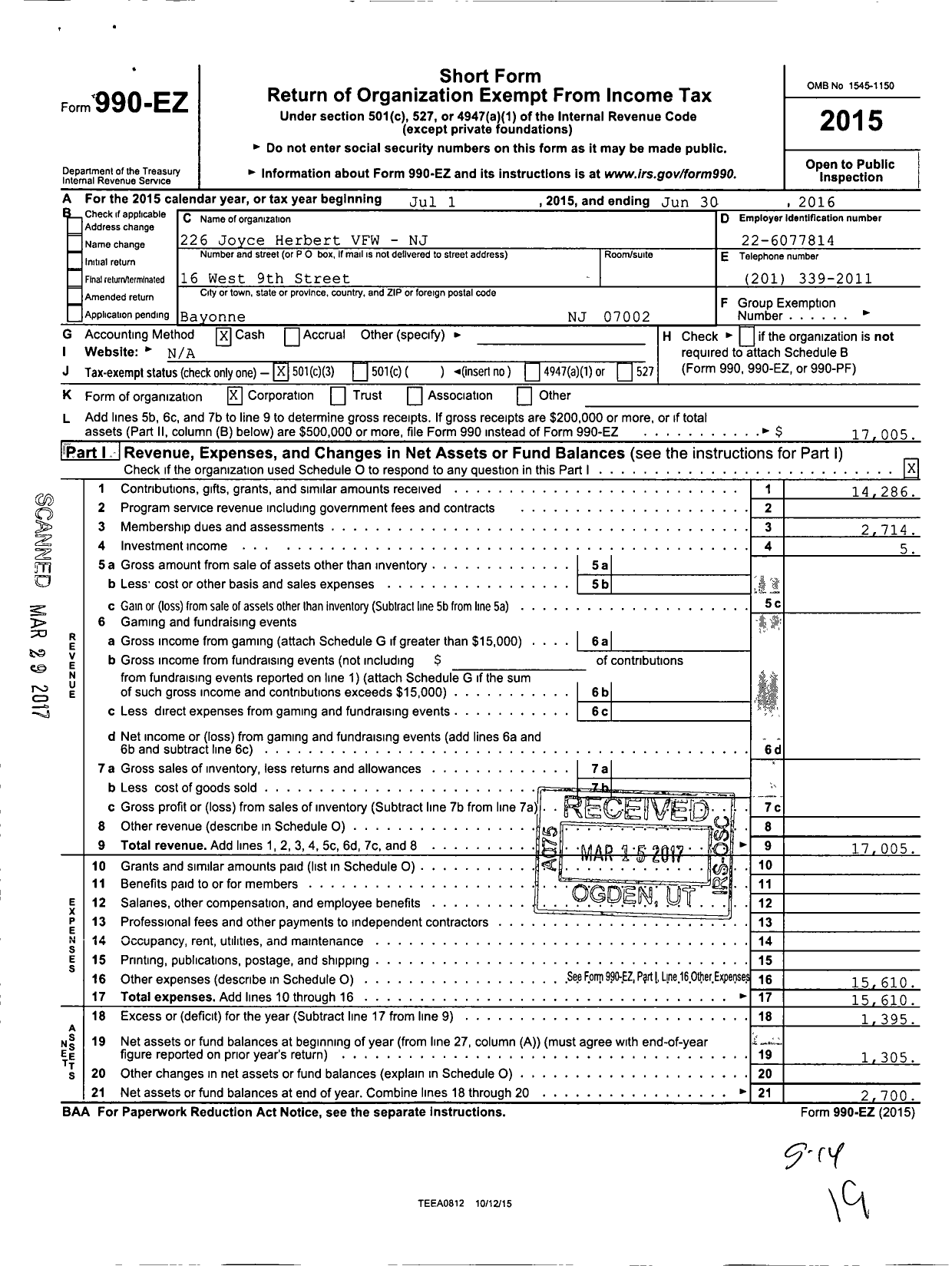 Image of first page of 2015 Form 990EZ for Department of New Jersey VFW - 226 Joyce-Herbert VFW-NJ