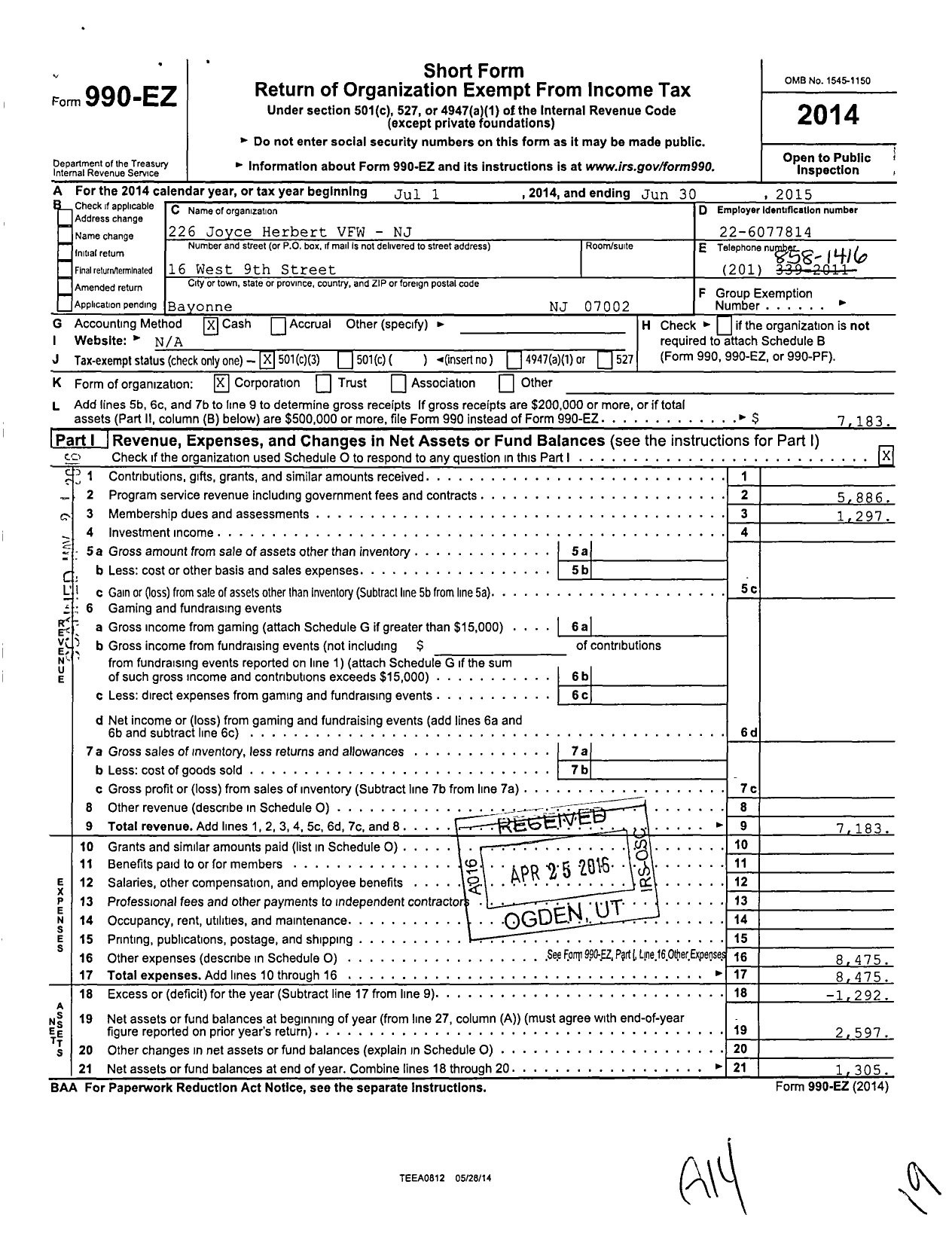 Image of first page of 2014 Form 990EZ for Department of New Jersey VFW - 226 Joyce-Herbert VFW-NJ