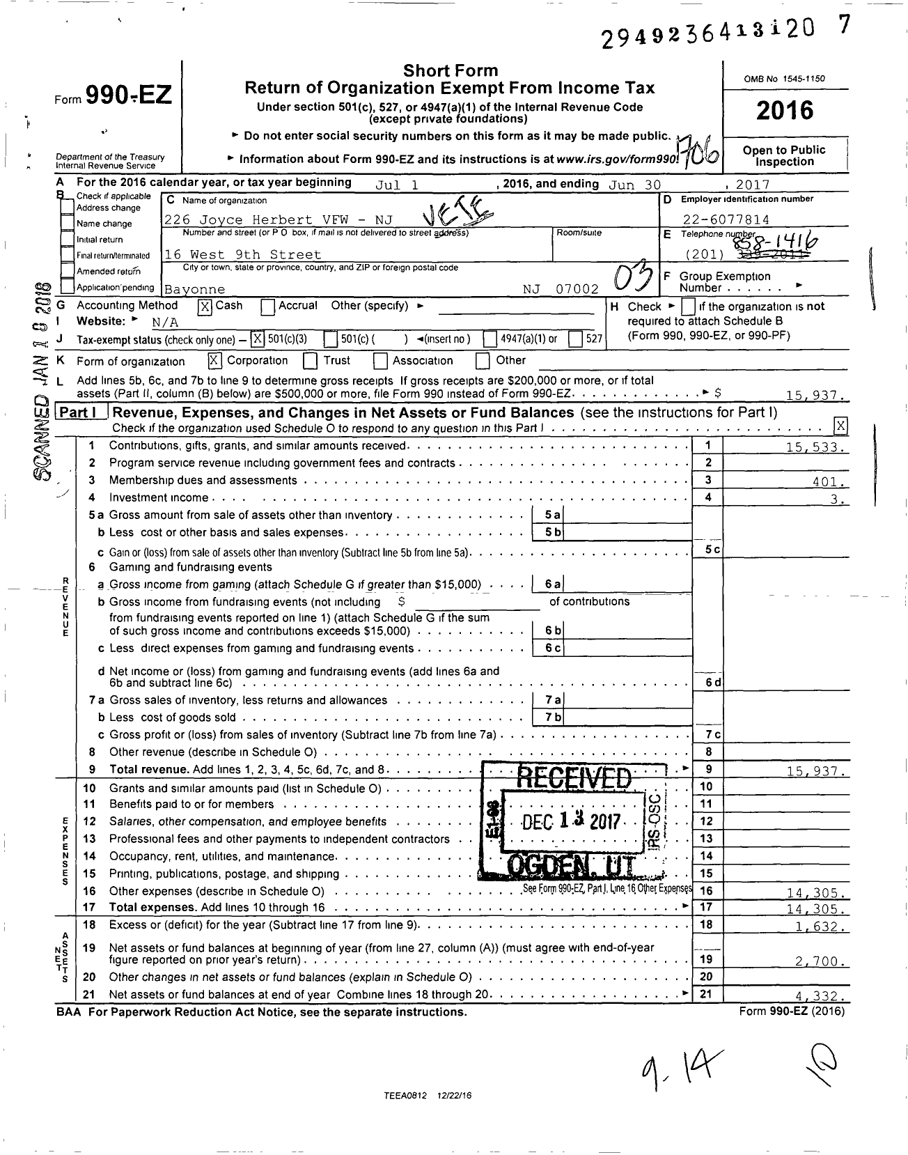 Image of first page of 2016 Form 990EZ for Department of New Jersey VFW - 226 Joyce-Herbert VFW-NJ