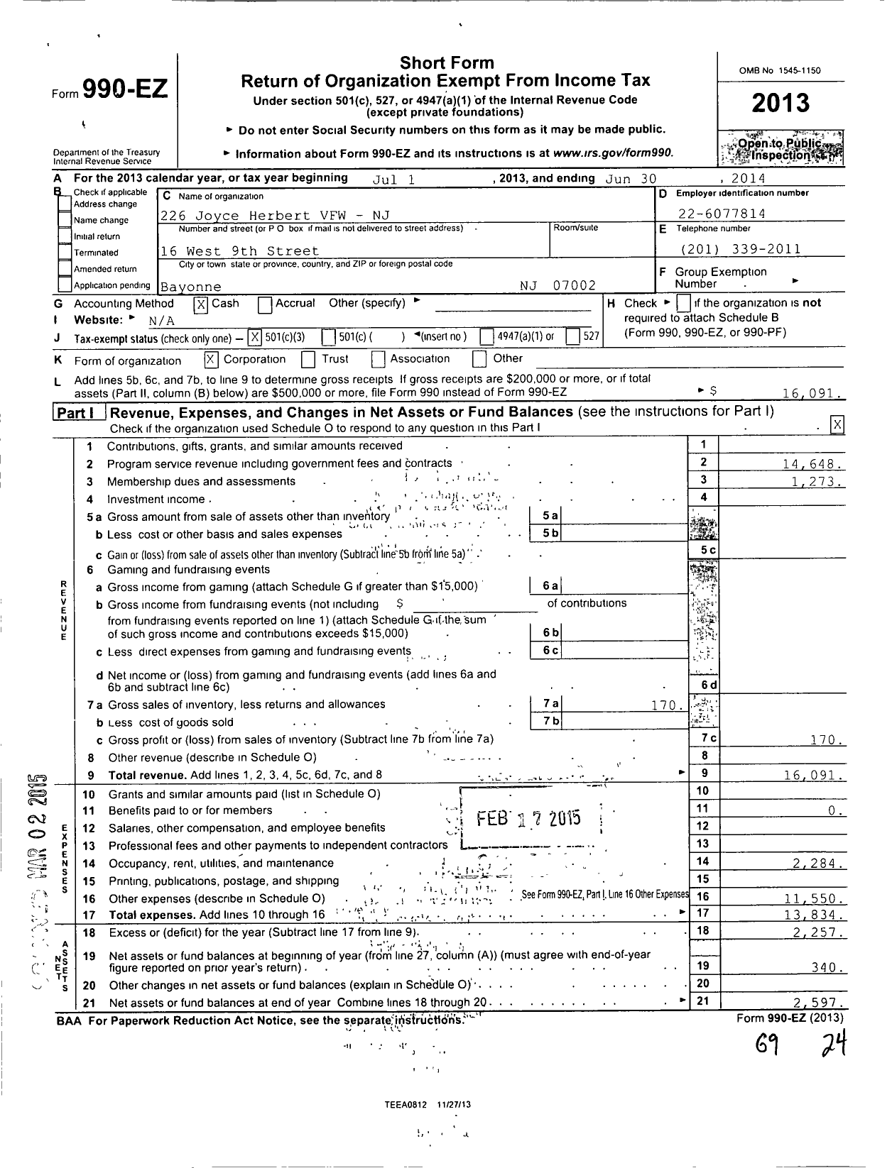 Image of first page of 2013 Form 990EZ for Department of New Jersey VFW - 226 Joyce-Herbert VFW-NJ