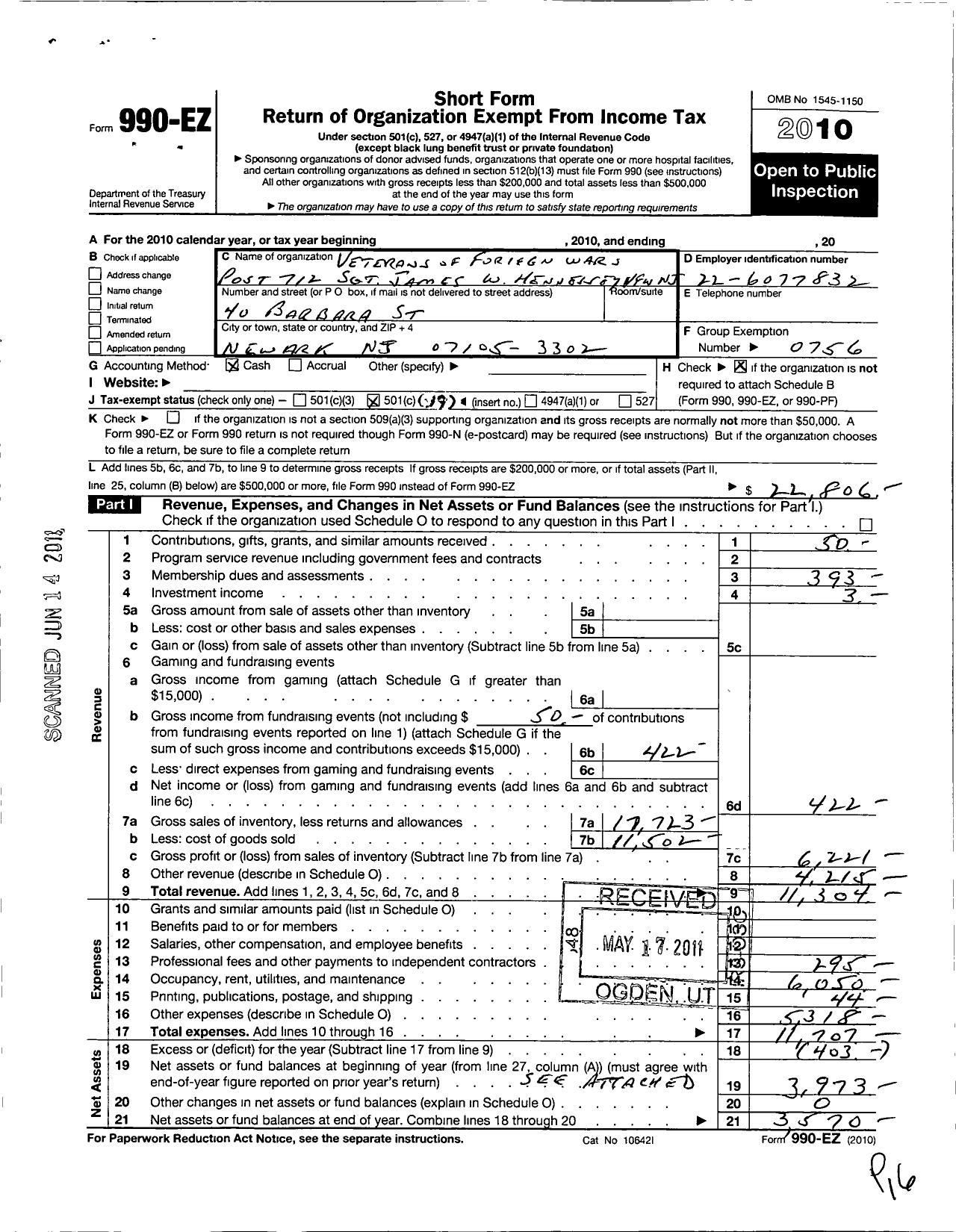 Image of first page of 2010 Form 990EO for Department of New Jersey VFW - 712 SGT James W Hennessey VFW-NJ