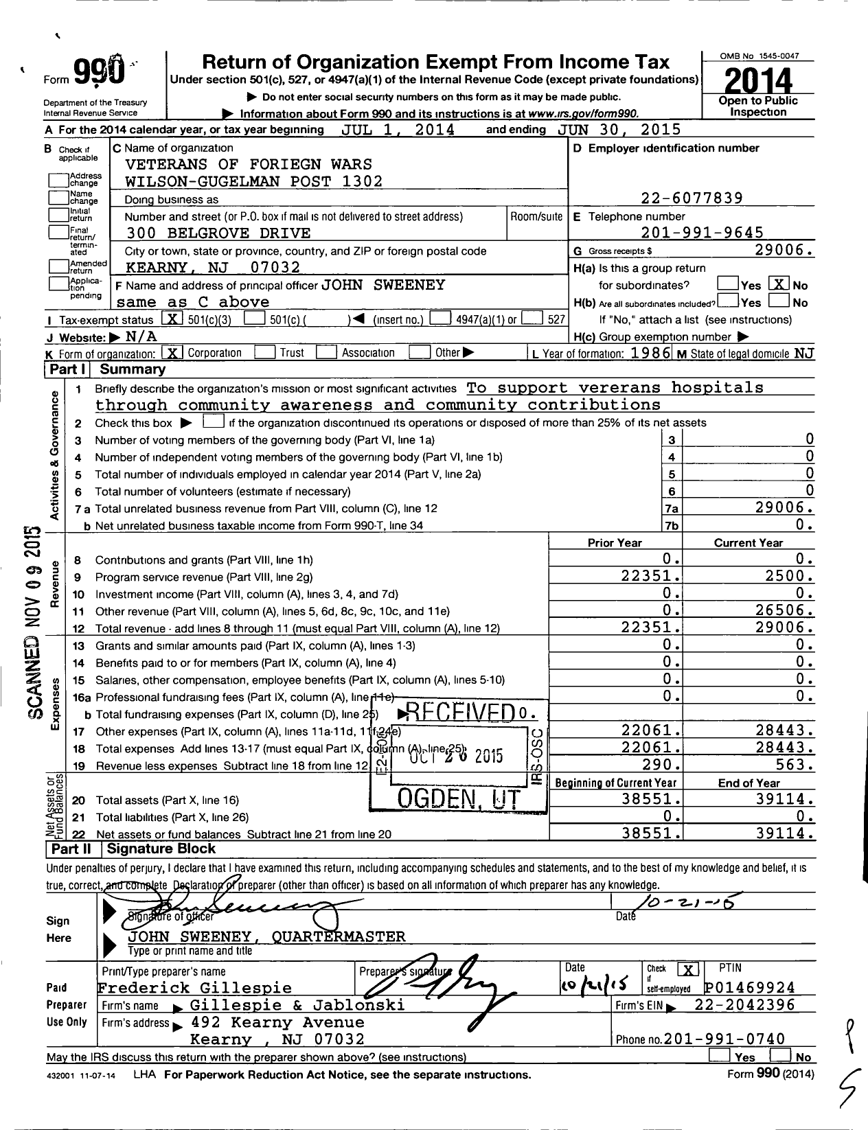 Image of first page of 2014 Form 990 for Department of New Jersey VFW - 1302 Wilson-Gugelman VFW-NJ