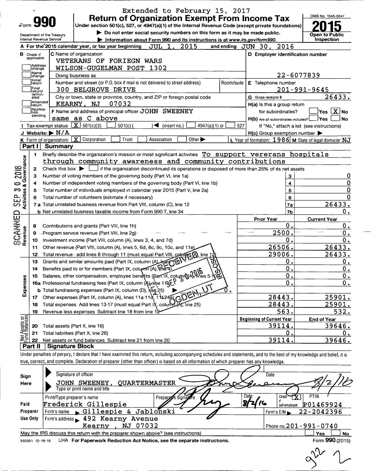 Image of first page of 2015 Form 990 for Department of New Jersey VFW - 1302 Wilson-Gugelman VFW-NJ