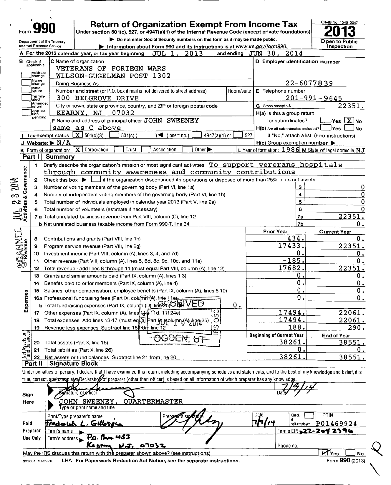 Image of first page of 2013 Form 990 for Department of New Jersey VFW - 1302 Wilson-Gugelman VFW-NJ