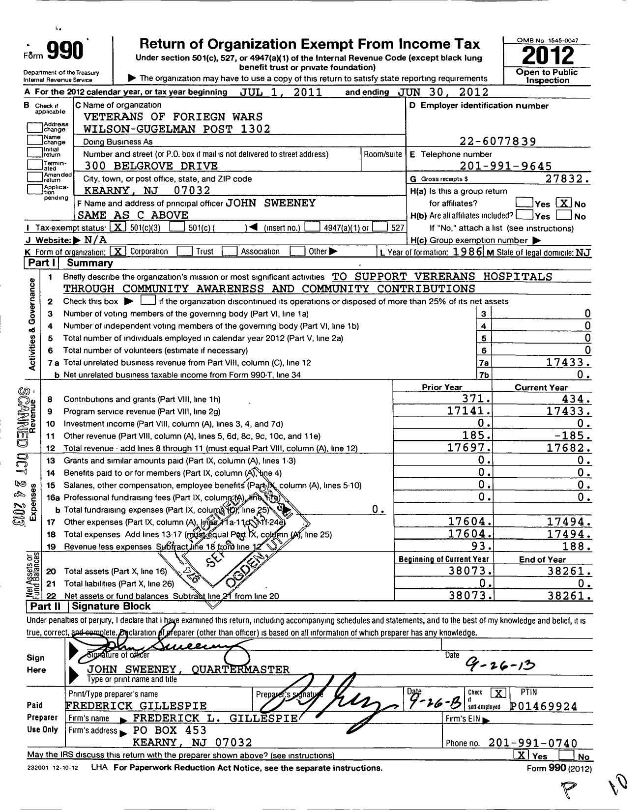 Image of first page of 2011 Form 990 for Department of New Jersey VFW - 1302 Wilson-Gugelman VFW-NJ