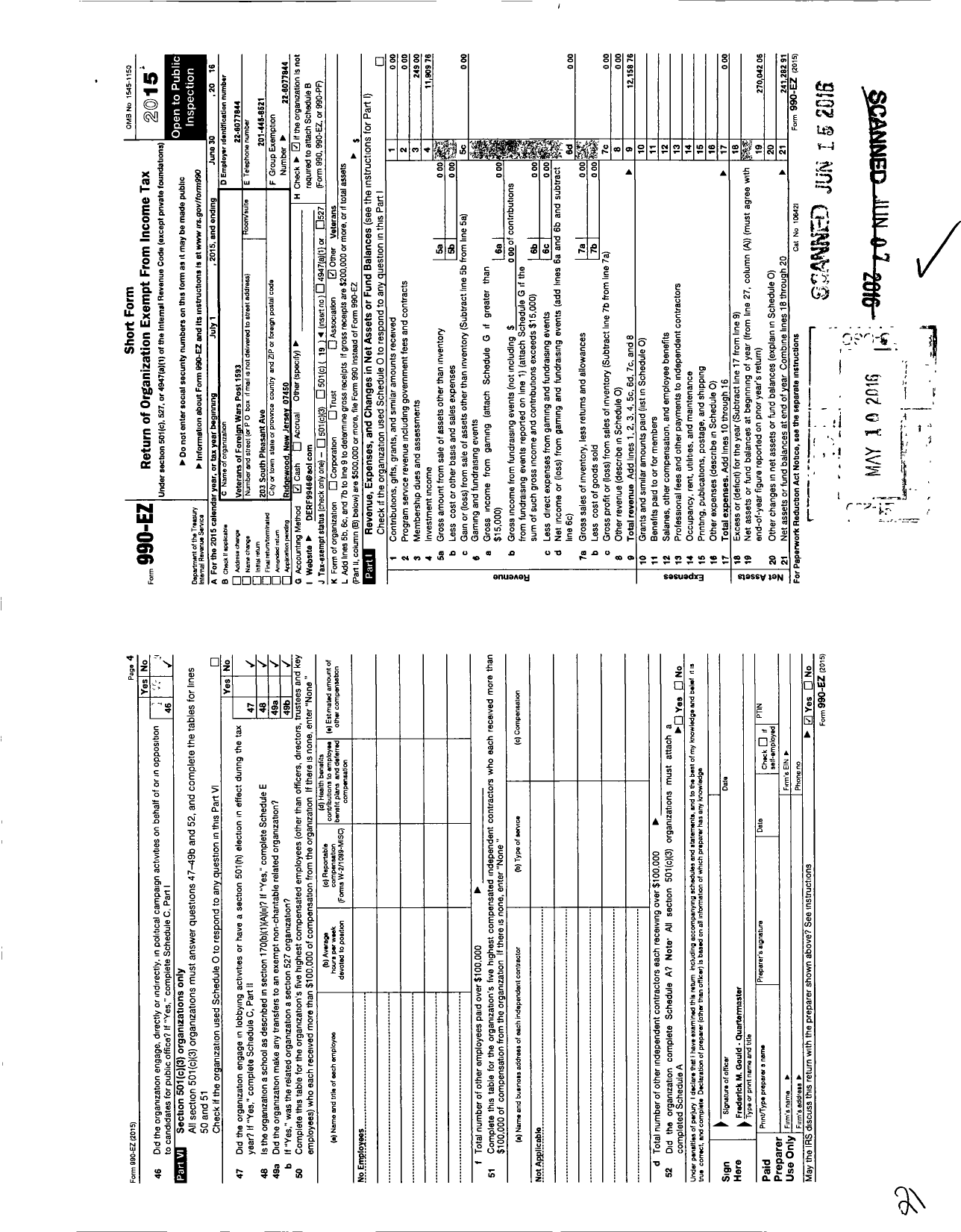 Image of first page of 2015 Form 990EO for Department of New Jersey VFW - 1593 William B Mawhinney VFW-NJ