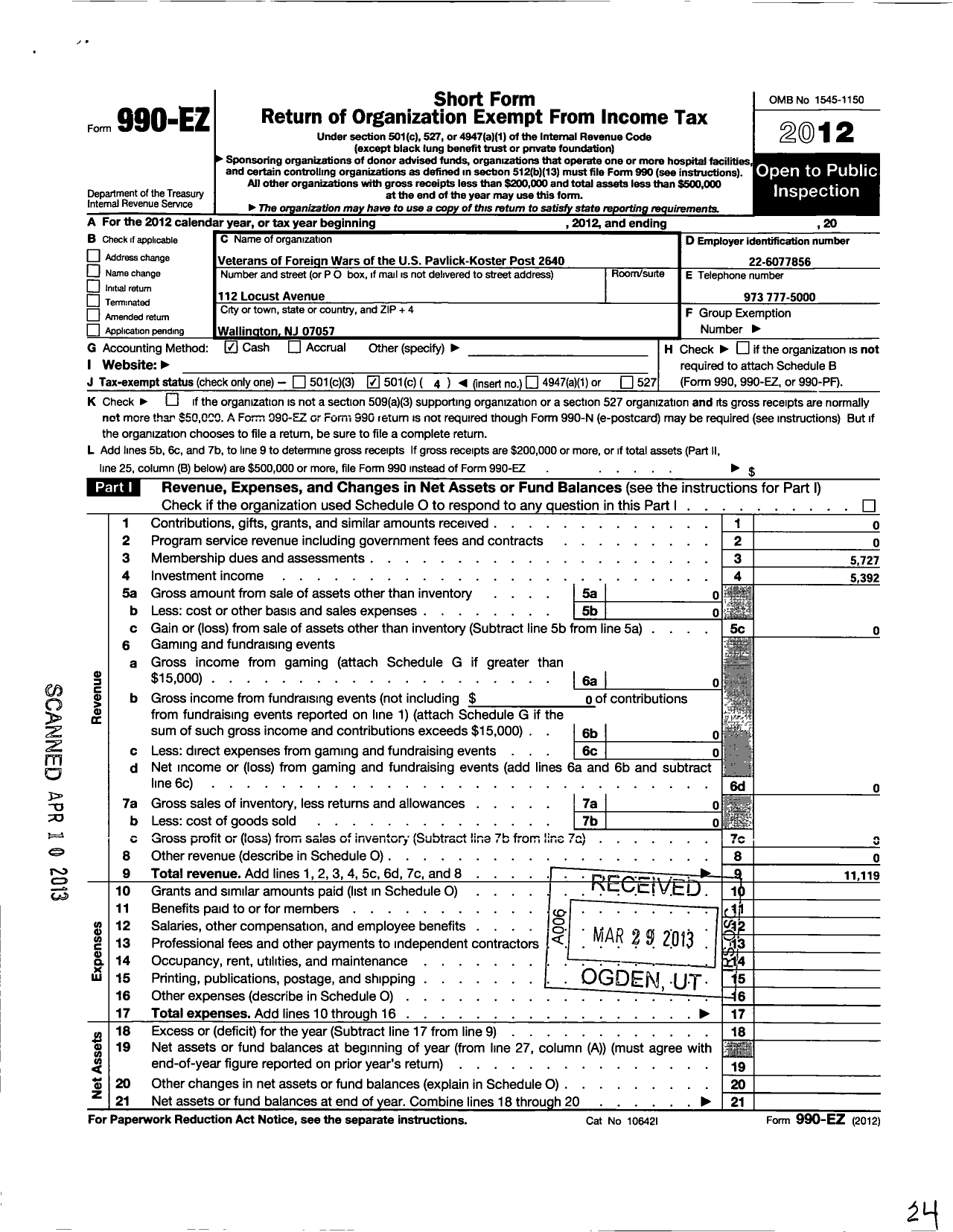 Image of first page of 2012 Form 990EO for Department of New Jersey VFW - 2640 Pavlick-Koster VFW-NJ