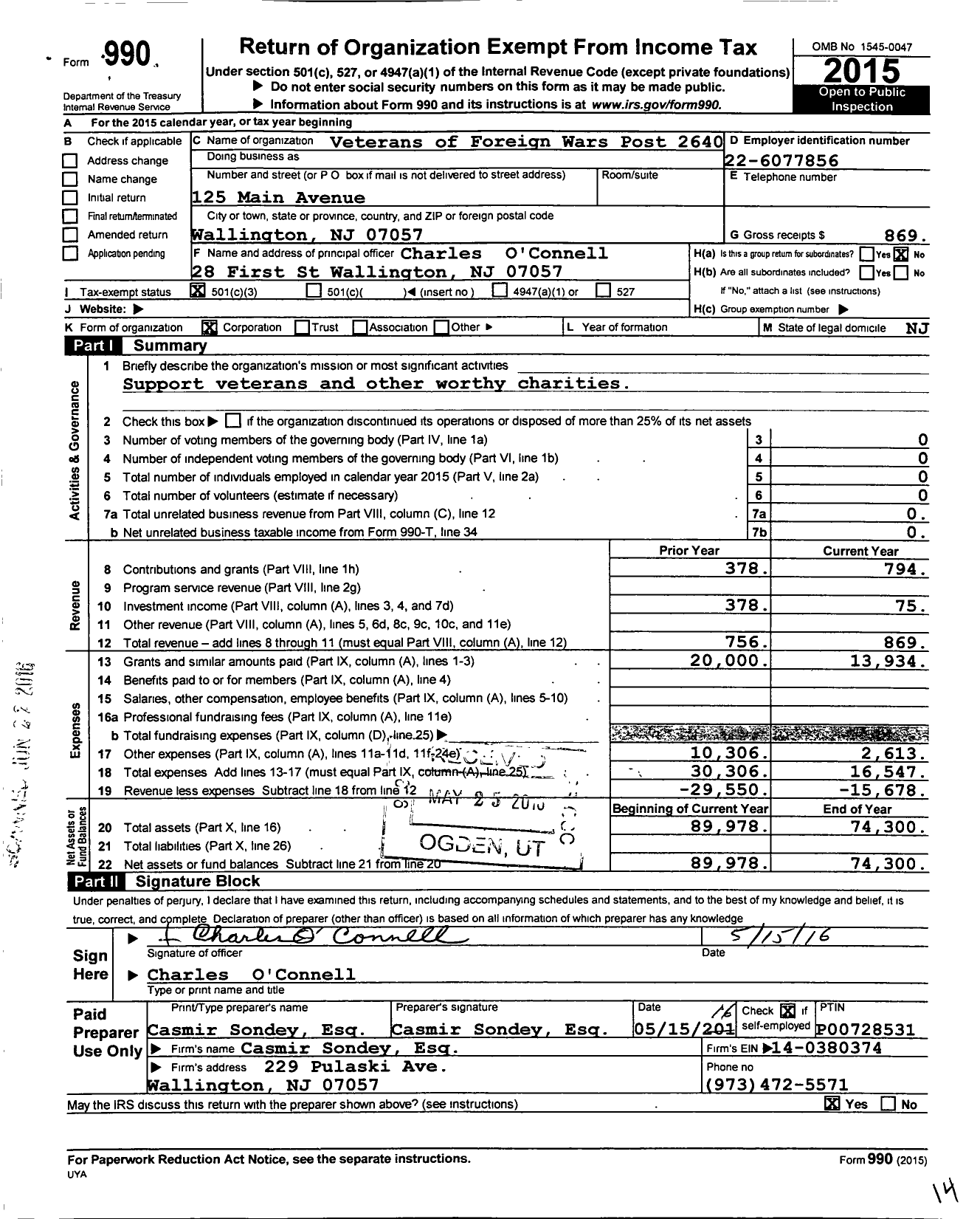 Image of first page of 2015 Form 990 for Department of New Jersey VFW - 2640 Pavlick-Koster VFW-NJ