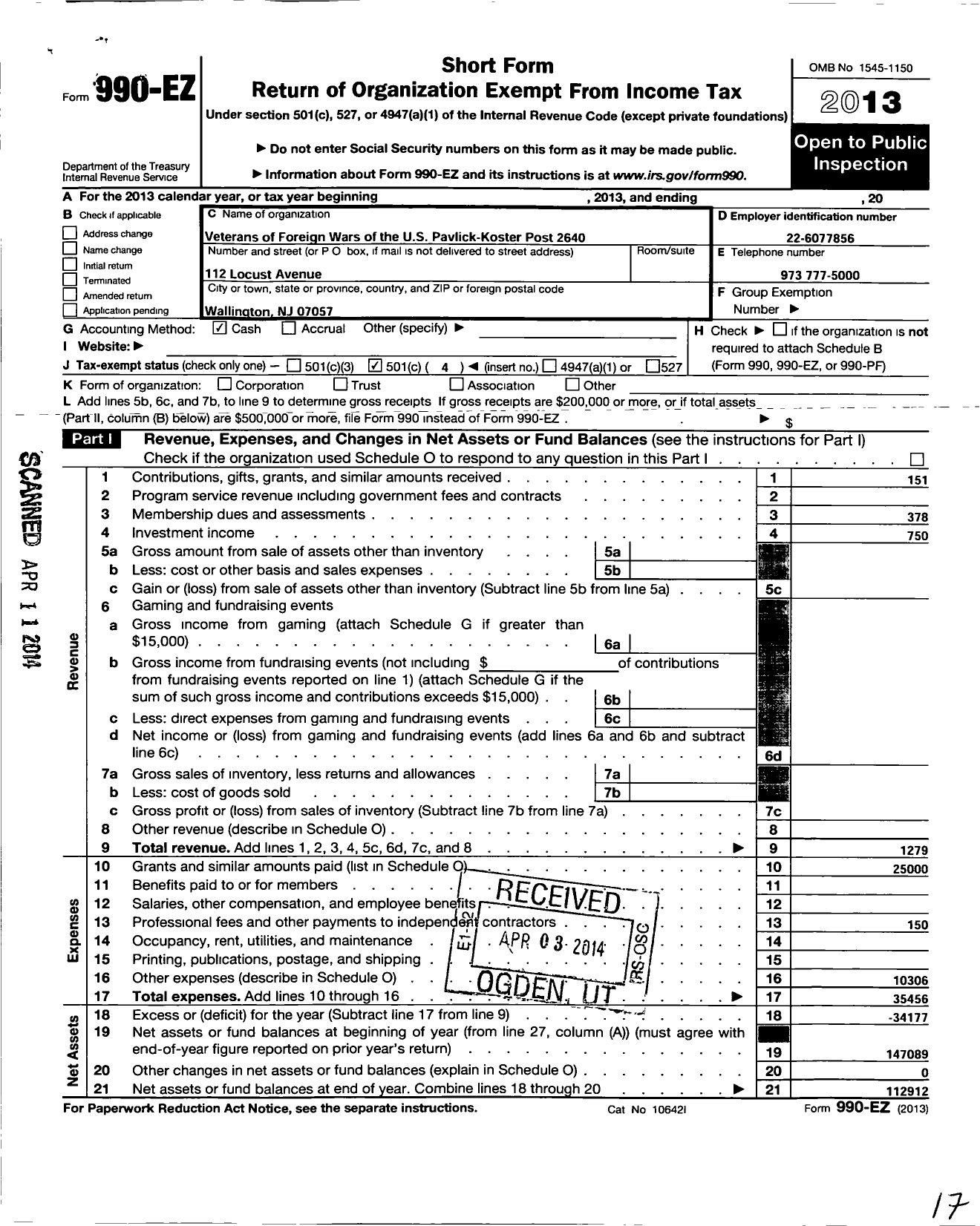 Image of first page of 2013 Form 990EO for Department of New Jersey VFW - 2640 Pavlick-Koster VFW-NJ