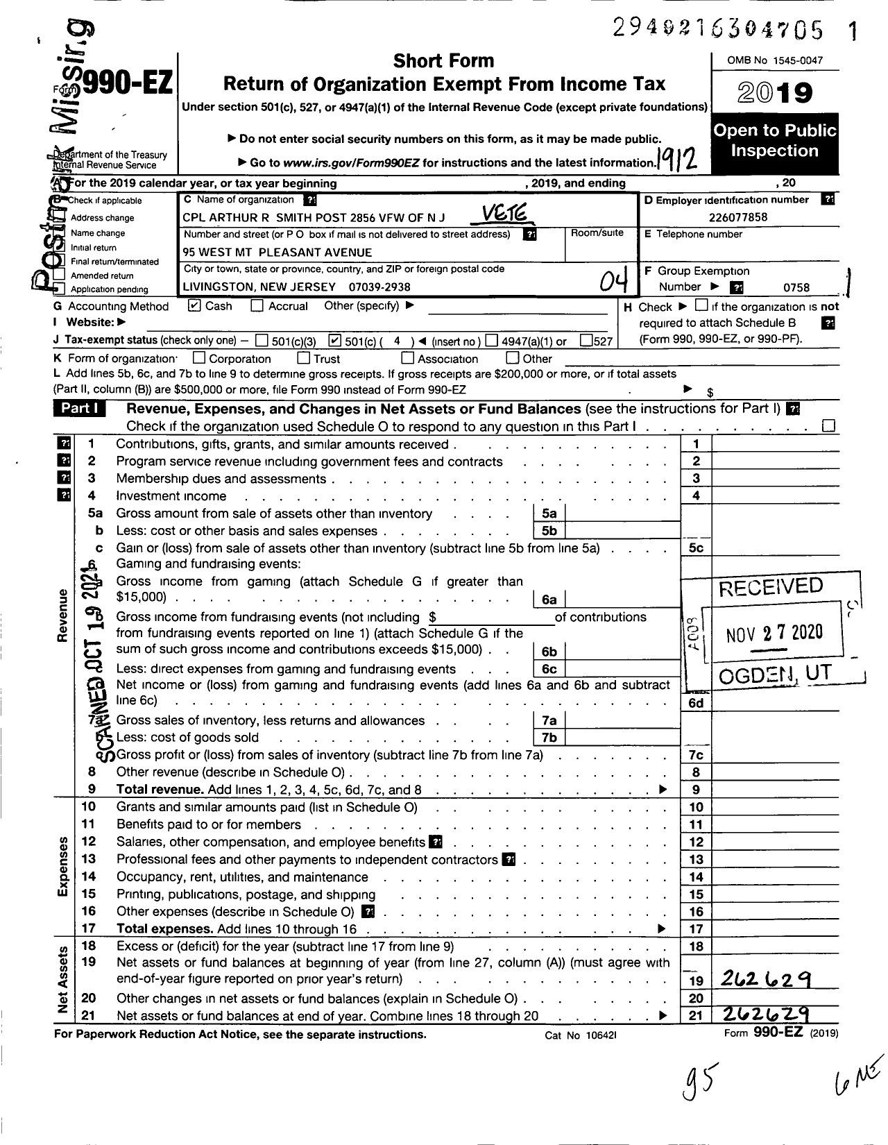 Image of first page of 2019 Form 990EO for Department of New Jersey VFW - 2856 VFW-N J