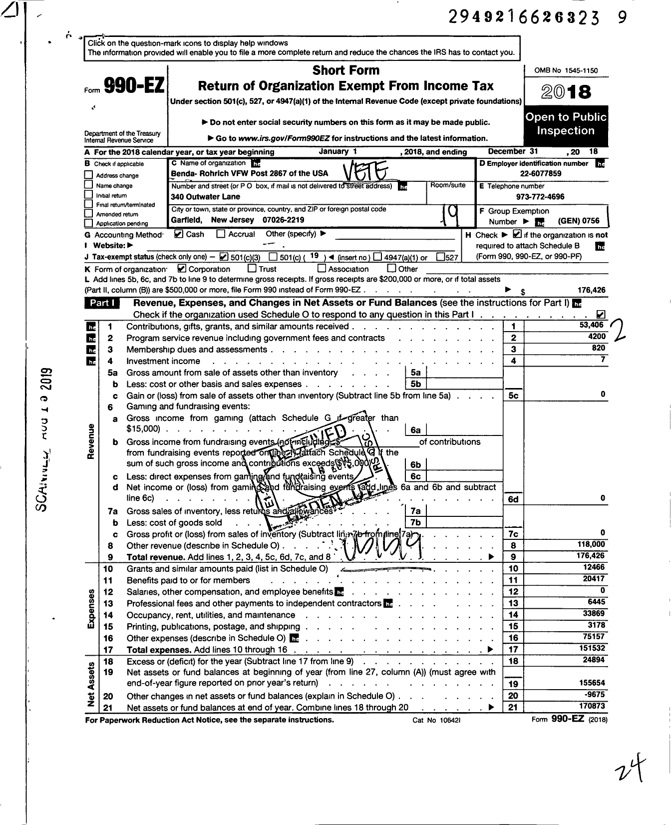 Image of first page of 2018 Form 990EO for Department of New Jersey VFW - 2867 Benda-Roehrich VFW-NJ