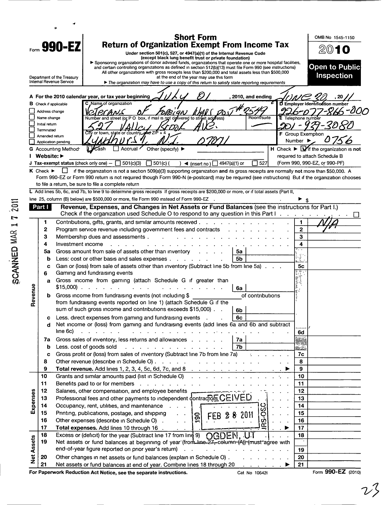 Image of first page of 2010 Form 990EO for Department of New Jersey VFW - 3549 Guidetti-Regalski Wase VFW-NJ