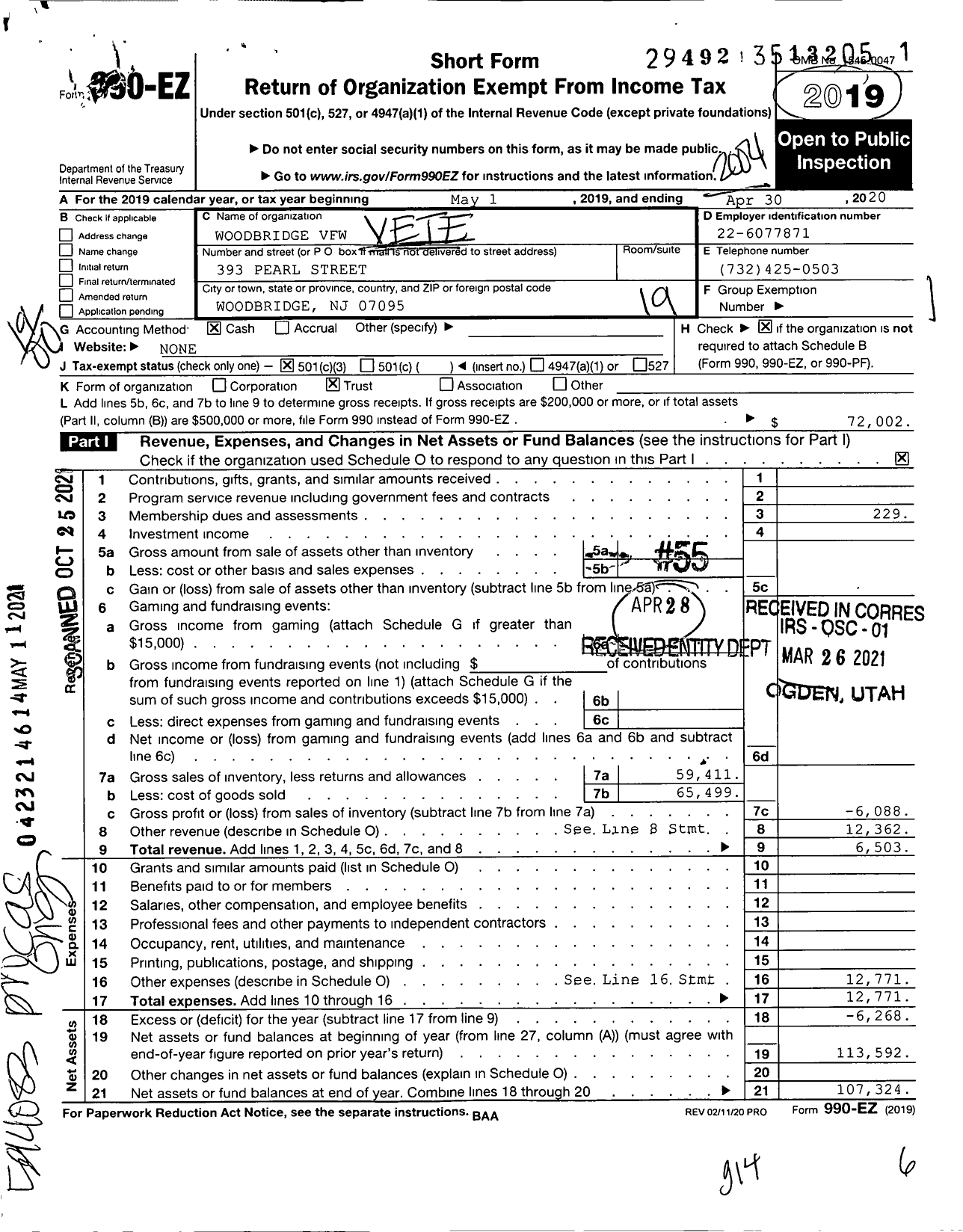 Image of first page of 2019 Form 990EO for Department of New Jersey VFW - 4410 Woodbridge Memorial VFW-NJ