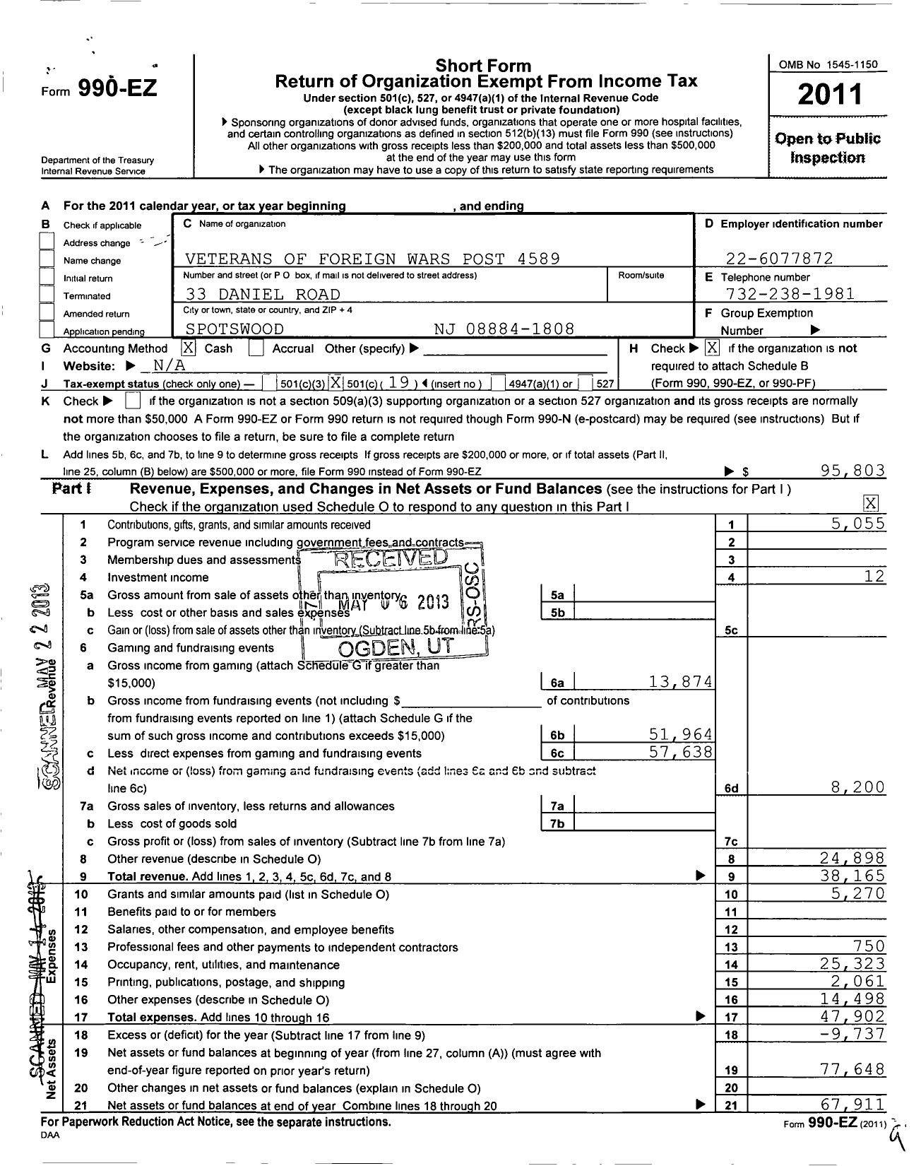 Image of first page of 2011 Form 990EO for Spotswood John J Carney VFW PT 4589