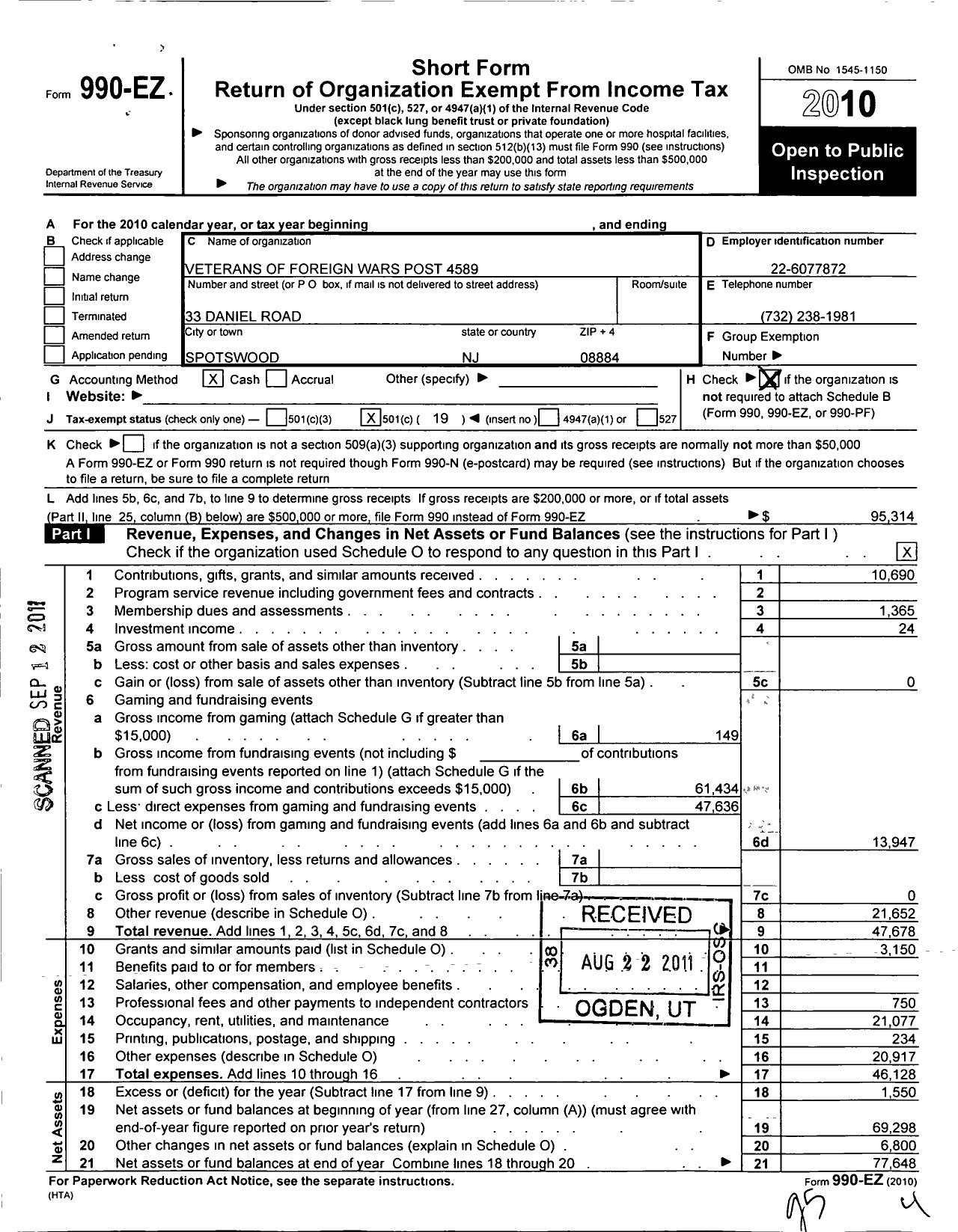 Image of first page of 2010 Form 990EO for Spotswood John J Carney VFW PT 4589