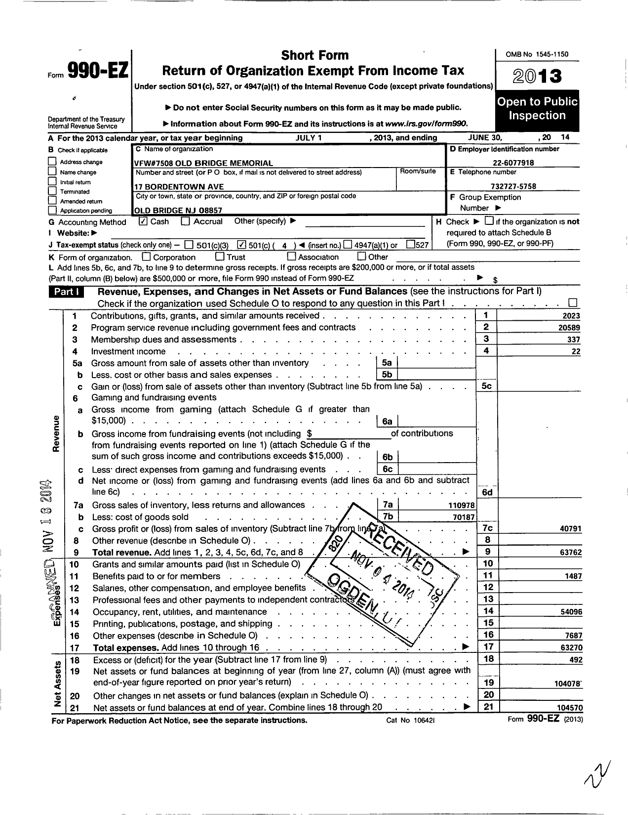 Image of first page of 2013 Form 990EO for Department of New Jersey VFW - 7508 VFW-NJ Old Bridge Memorial