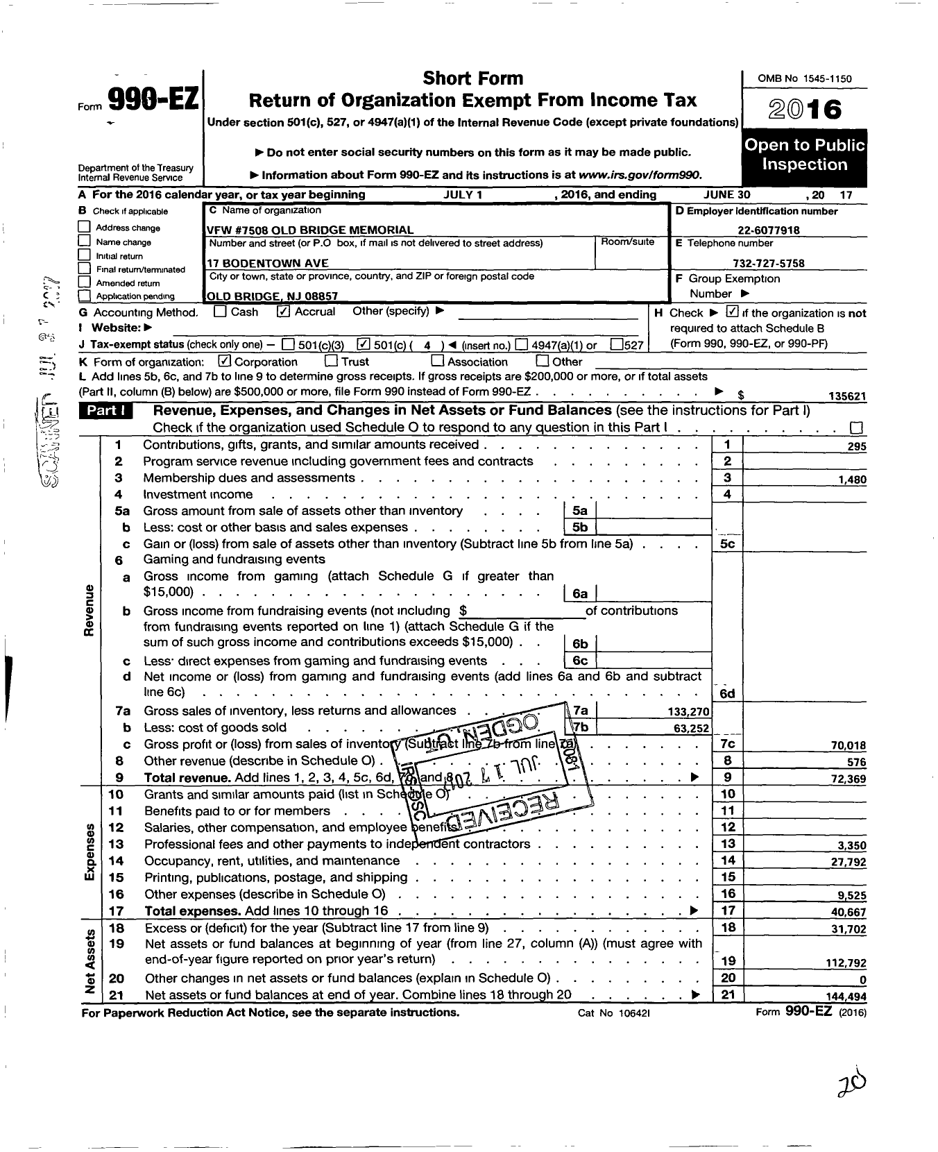 Image of first page of 2016 Form 990EO for Department of New Jersey VFW - 7508 VFW-NJ Old Bridge Memorial