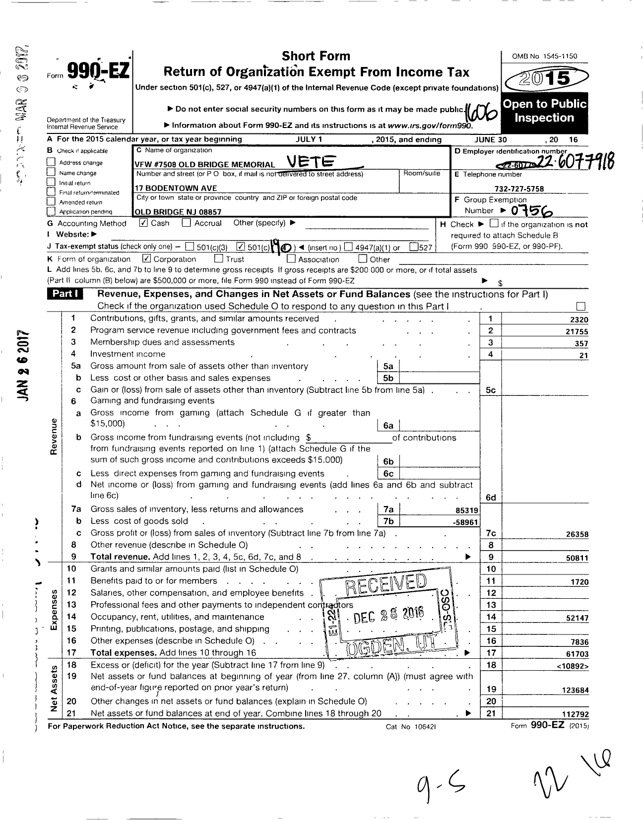 Image of first page of 2015 Form 990EO for Department of New Jersey VFW - 7508 VFW-NJ Old Bridge Memorial