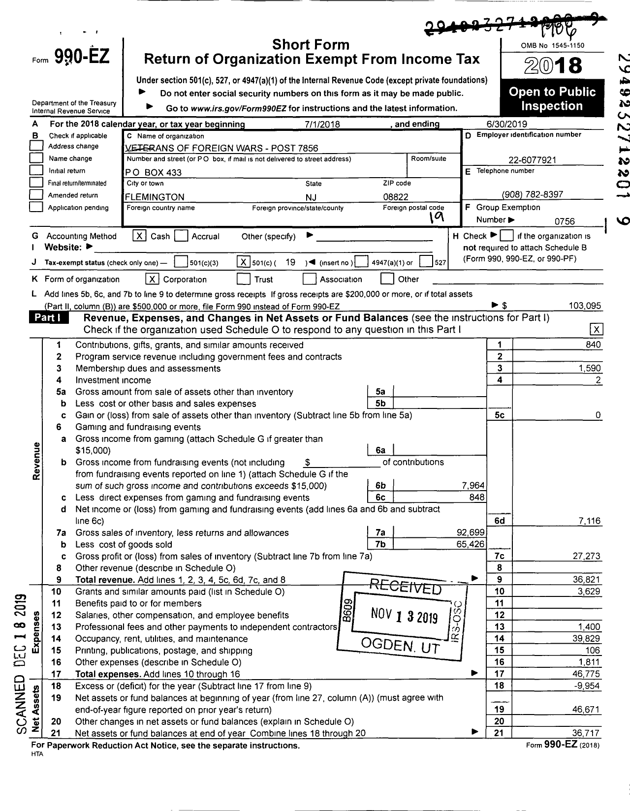 Image of first page of 2018 Form 990EO for Department of New Jersey VFW - 7856 VFW-NJ Flemington