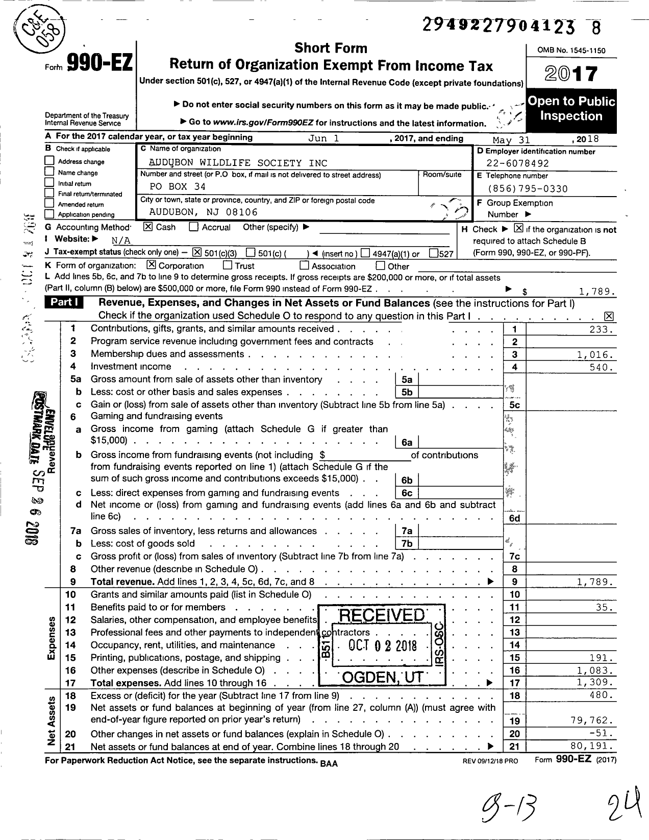 Image of first page of 2017 Form 990EZ for Audubon Wildlife Society