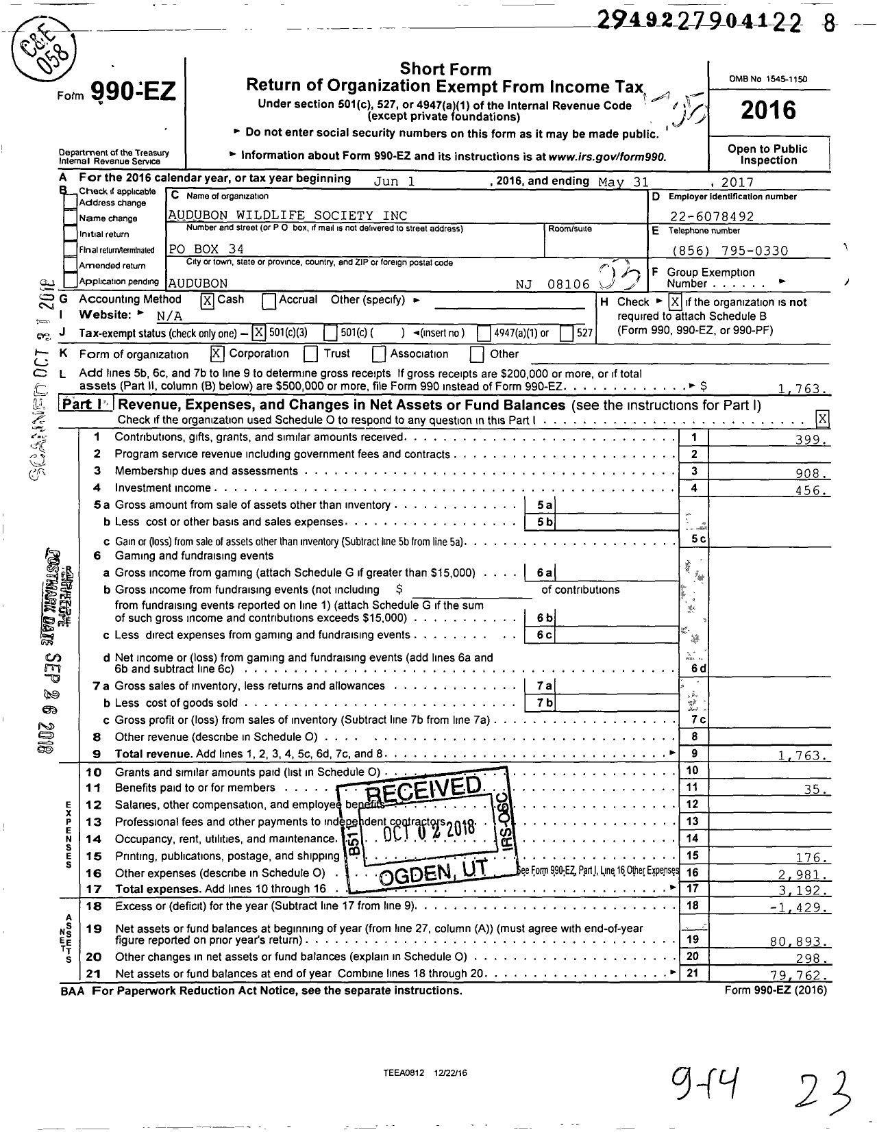 Image of first page of 2016 Form 990EZ for Audubon Wildlife Society