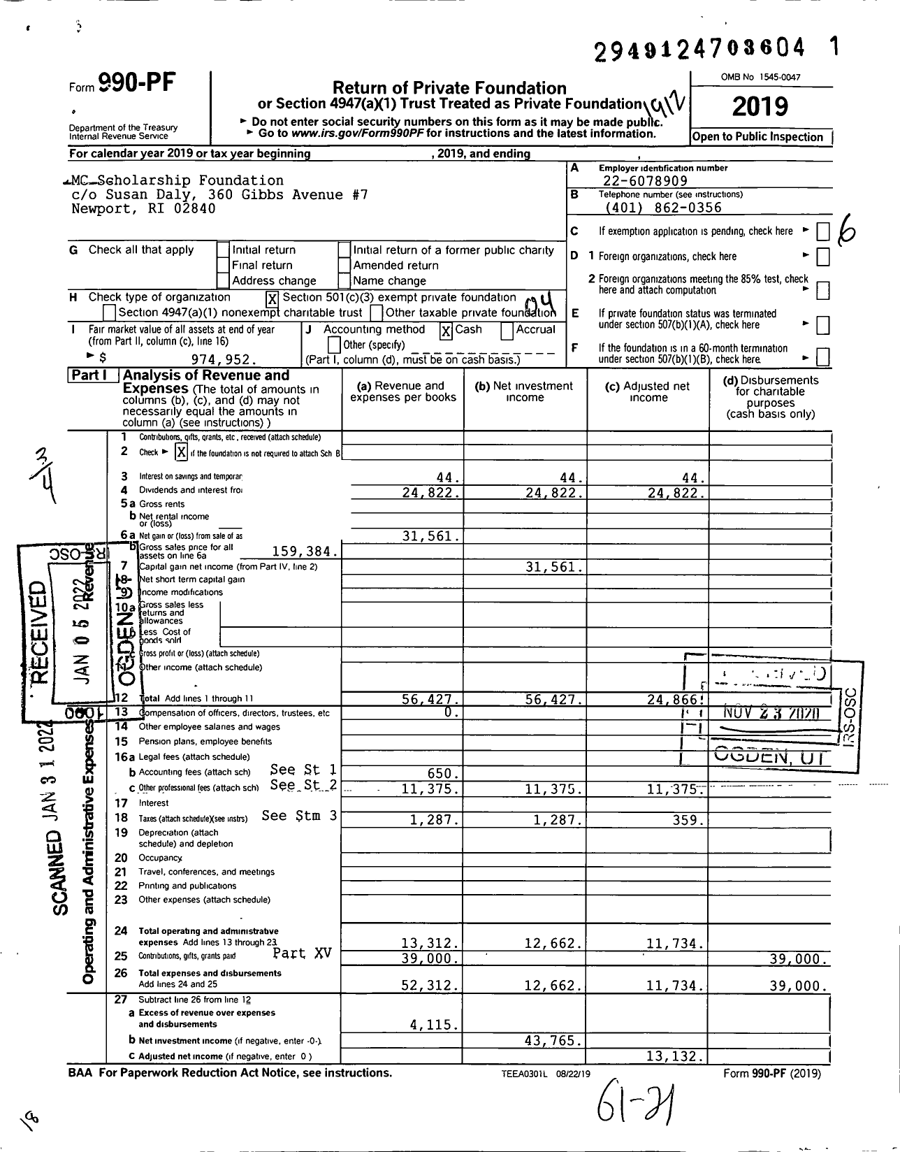 Image of first page of 2019 Form 990PF for MC Scholarship Foundation