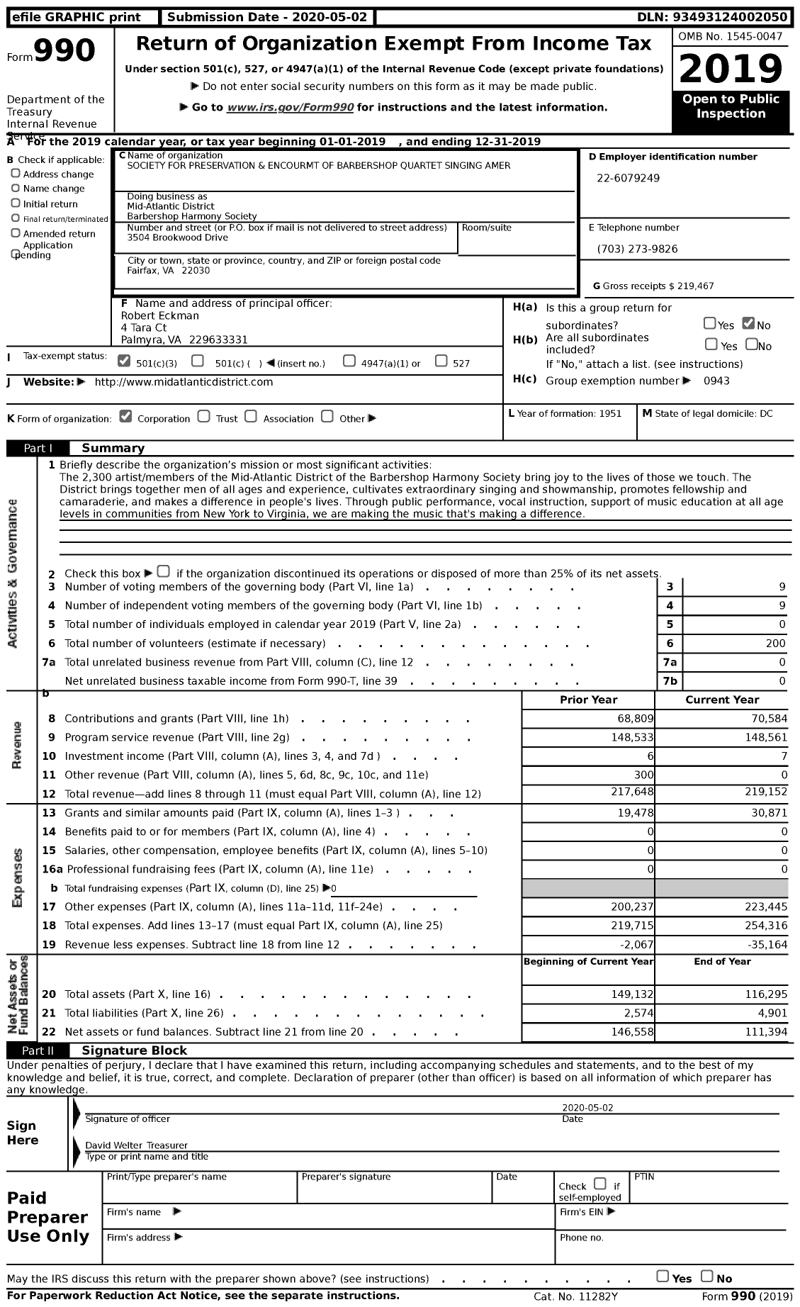 Image of first page of 2019 Form 990 for Barbershop Harmony Society - Mid-Atlantic District Barbershop Harmony Society