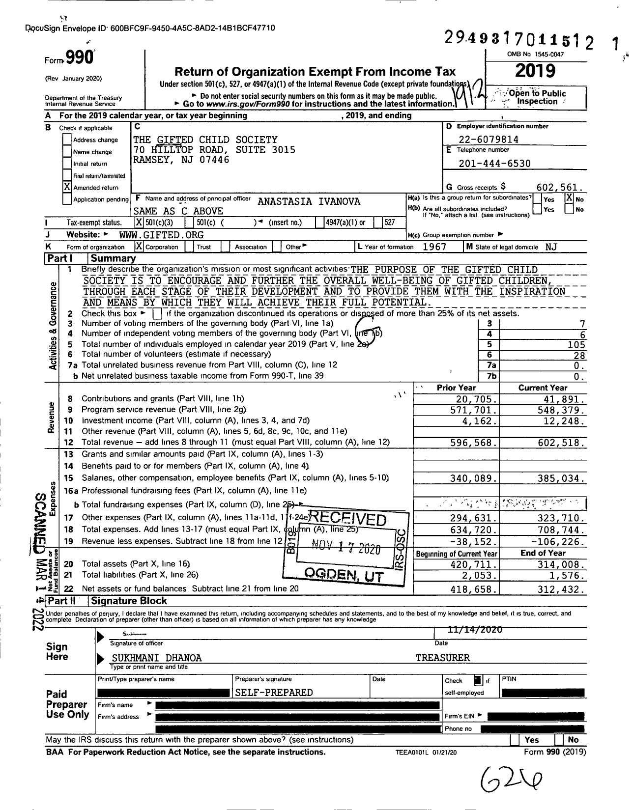 Image of first page of 2019 Form 990 for The Gifted Child Society