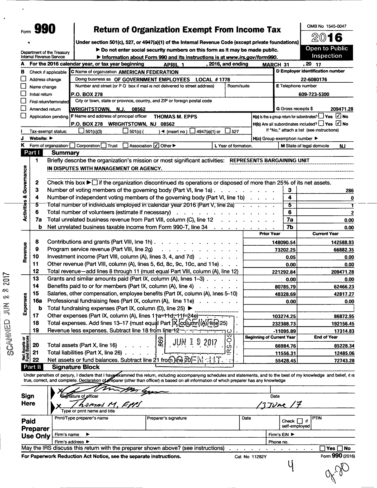 Image of first page of 2016 Form 990O for American Federation of Government Employees - 1778 Afge-Dod Local