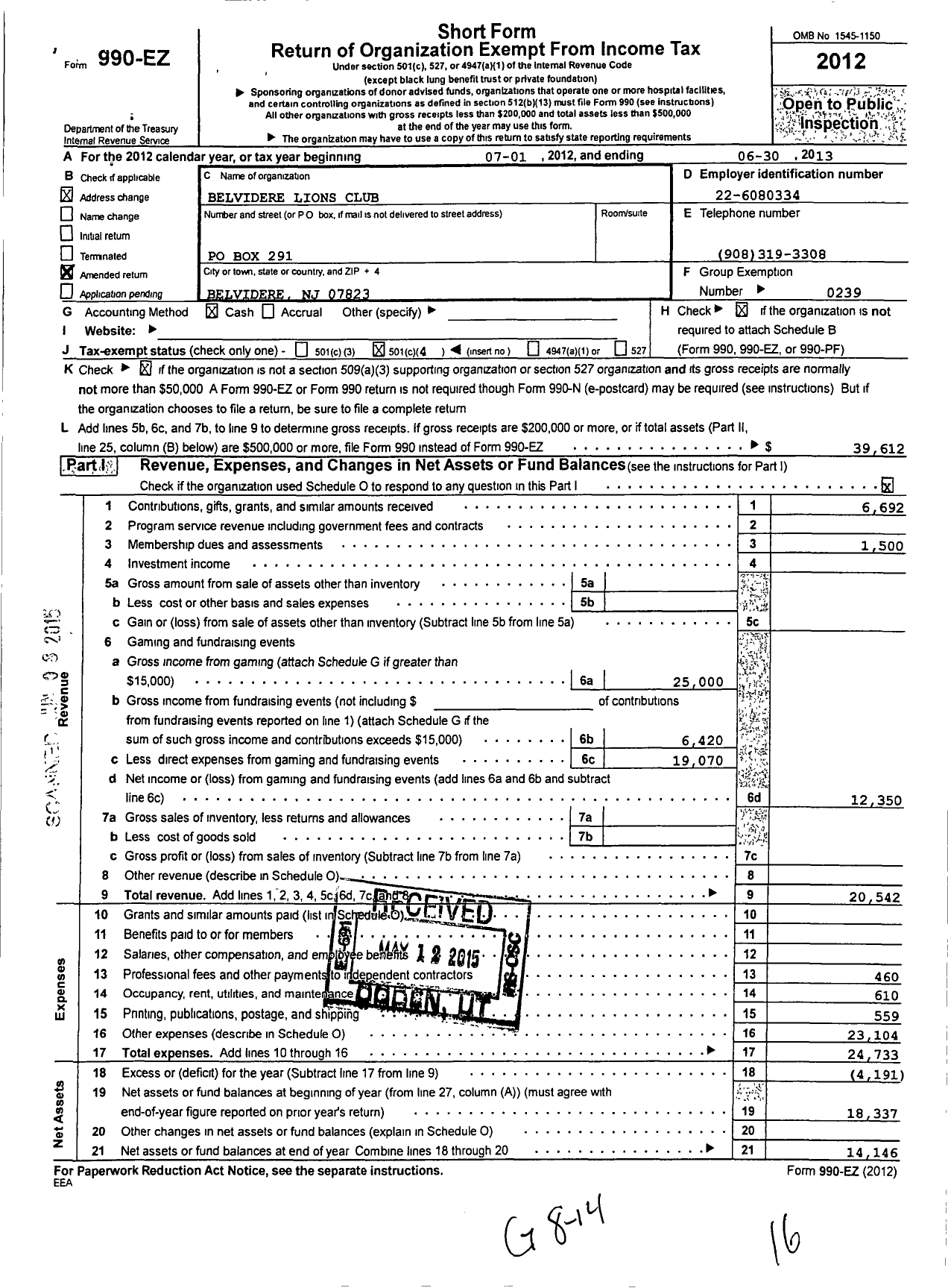 Image of first page of 2012 Form 990EO for Lions Clubs - 6861 Belvidere