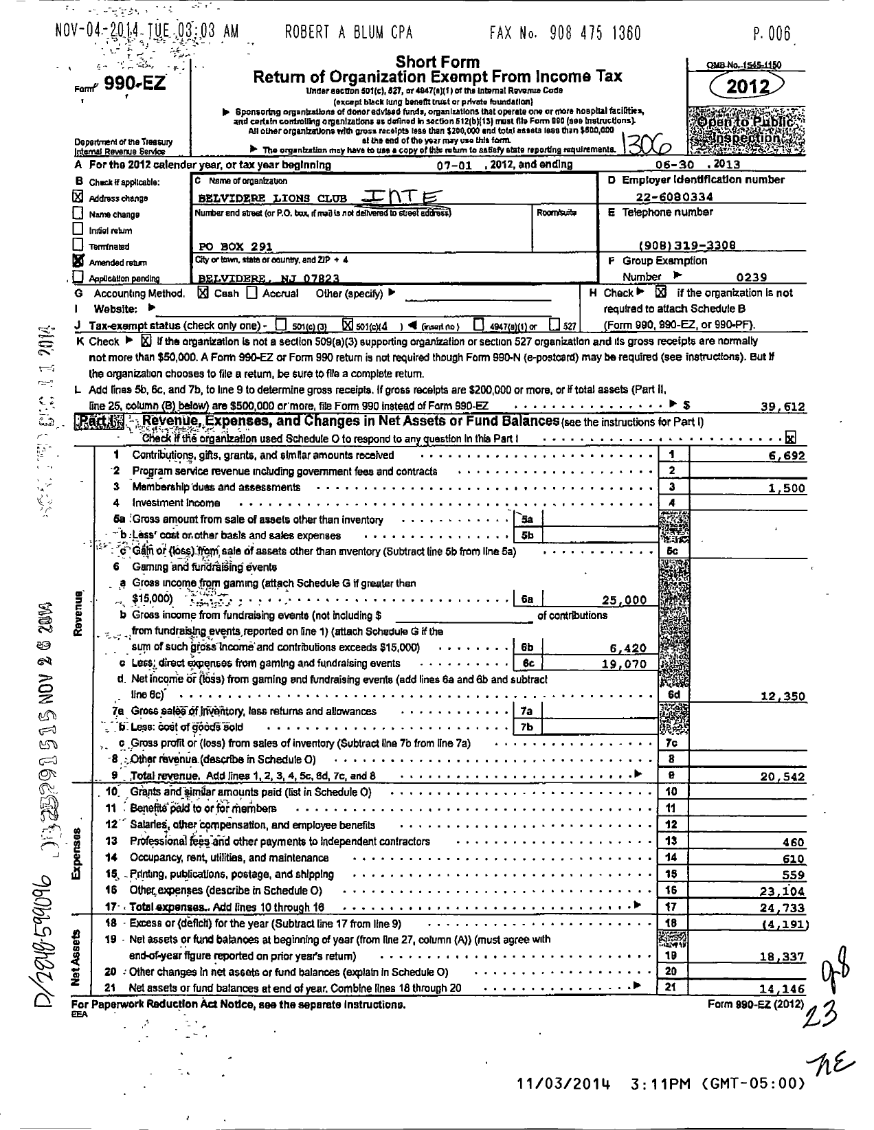 Image of first page of 2012 Form 990EO for Lions Clubs - 6861 Belvidere