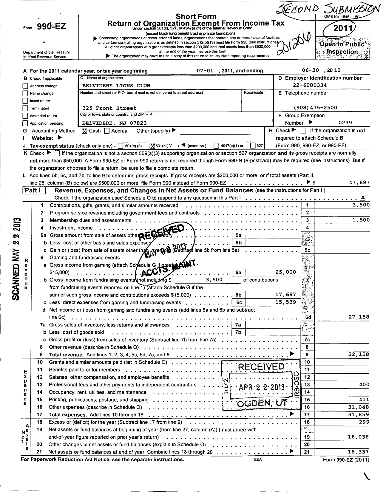 Image of first page of 2011 Form 990EO for Lions Clubs - 6861 Belvidere