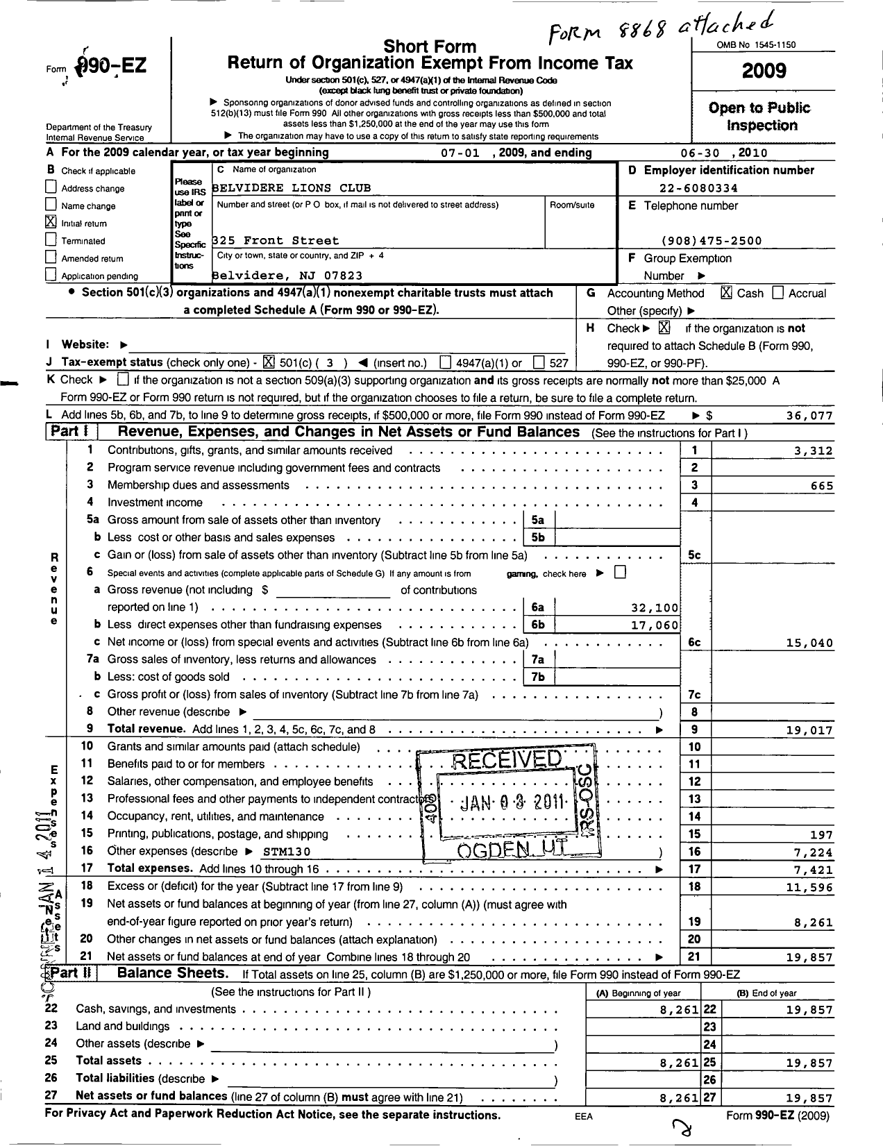 Image of first page of 2009 Form 990EZ for Lions Clubs - 6861 Belvidere