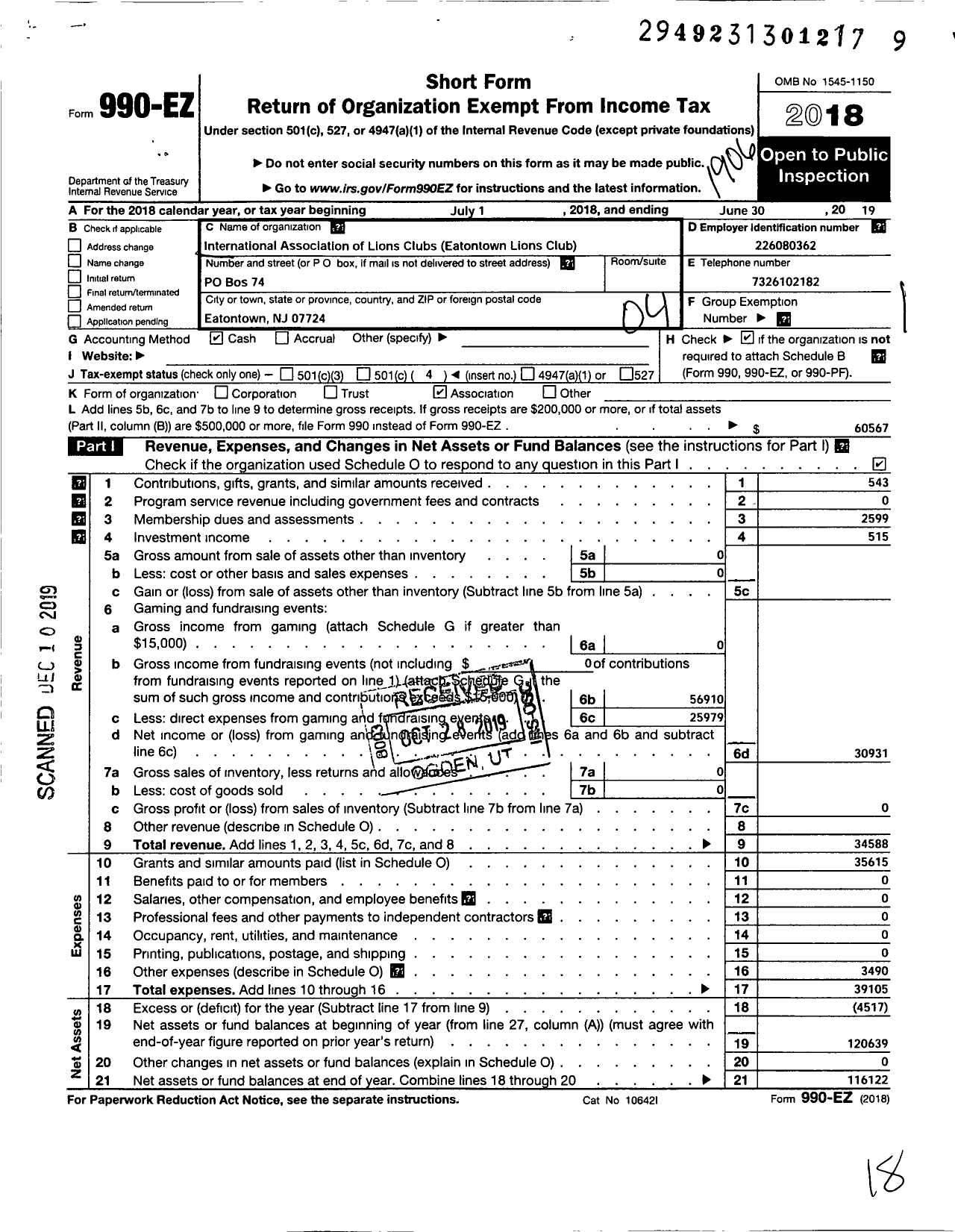 Image of first page of 2018 Form 990EO for Lions Clubs - 6697 Eatontown