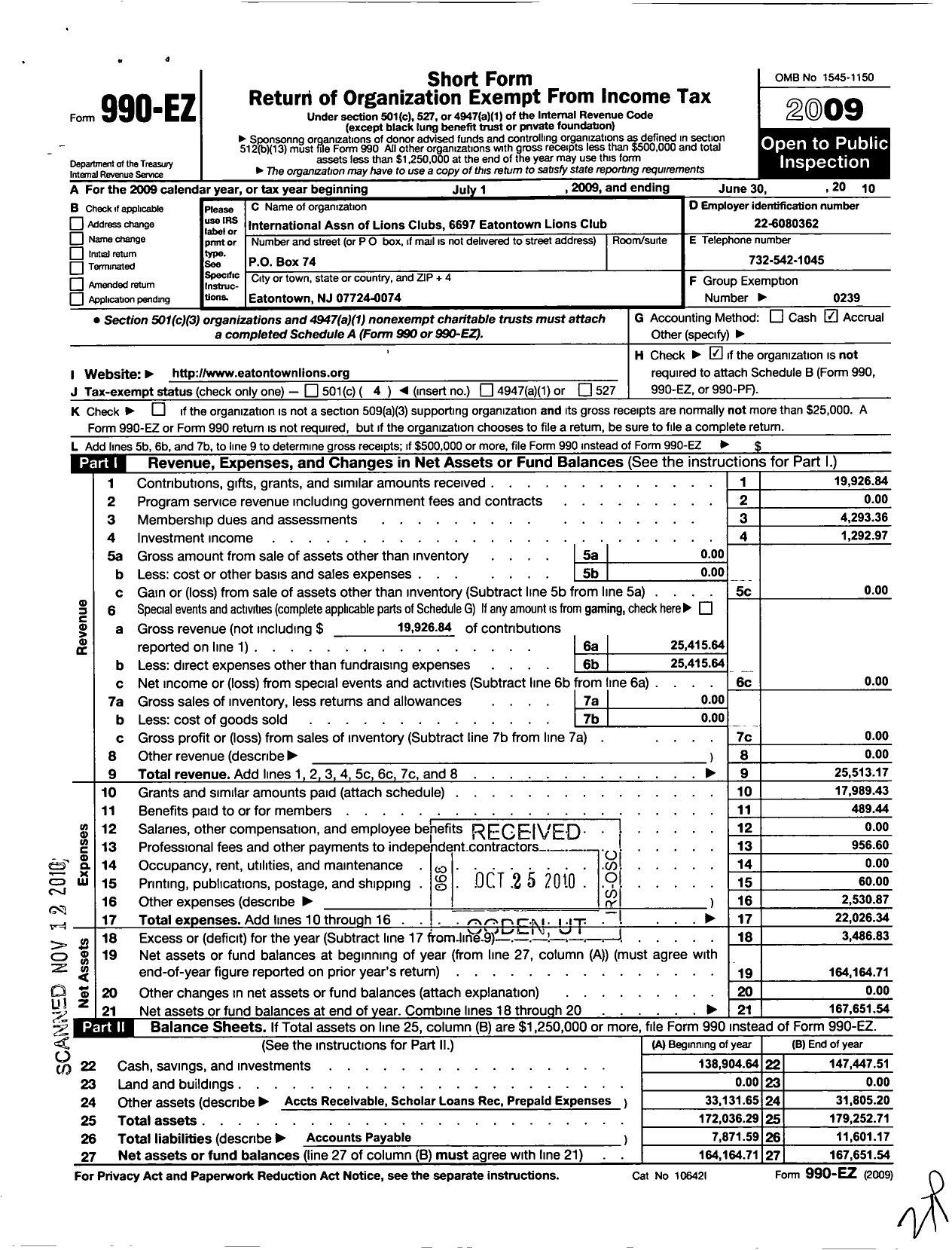 Image of first page of 2009 Form 990EO for Lions Clubs - 6697 Eatontown