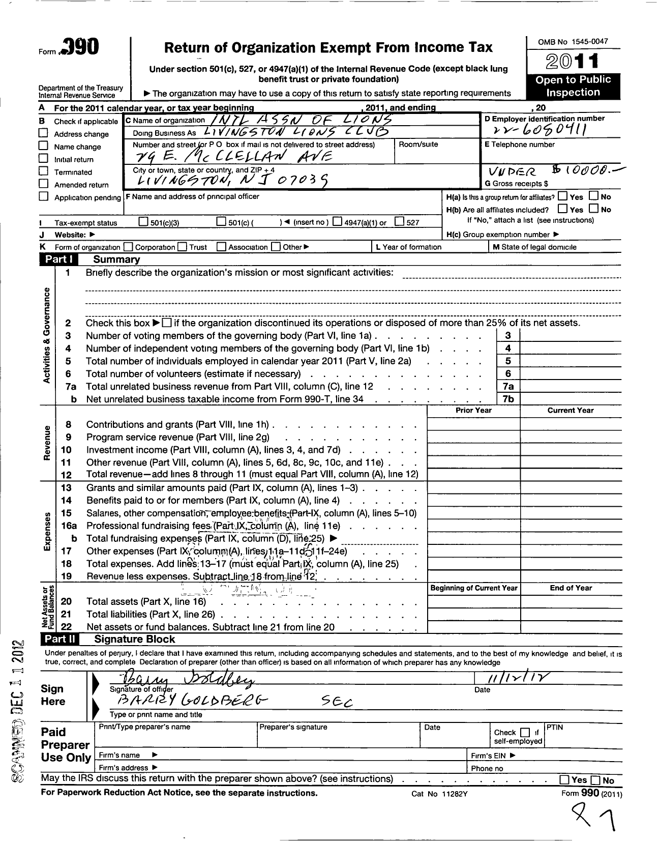 Image of first page of 2011 Form 990 for Lions Clubs - Livingston Lions Club