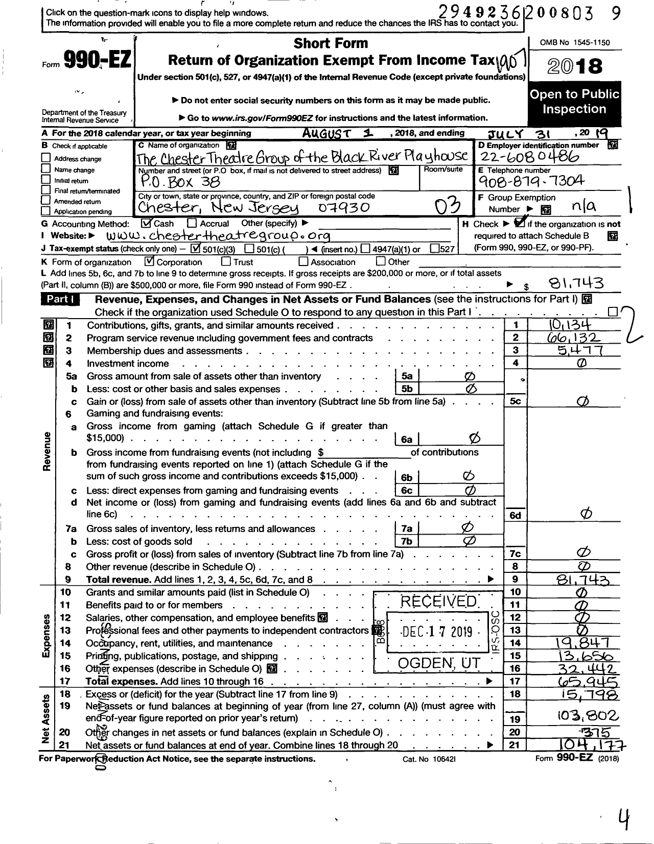 Image of first page of 2018 Form 990EZ for Chester Theatre Group of the Black River Playhouse