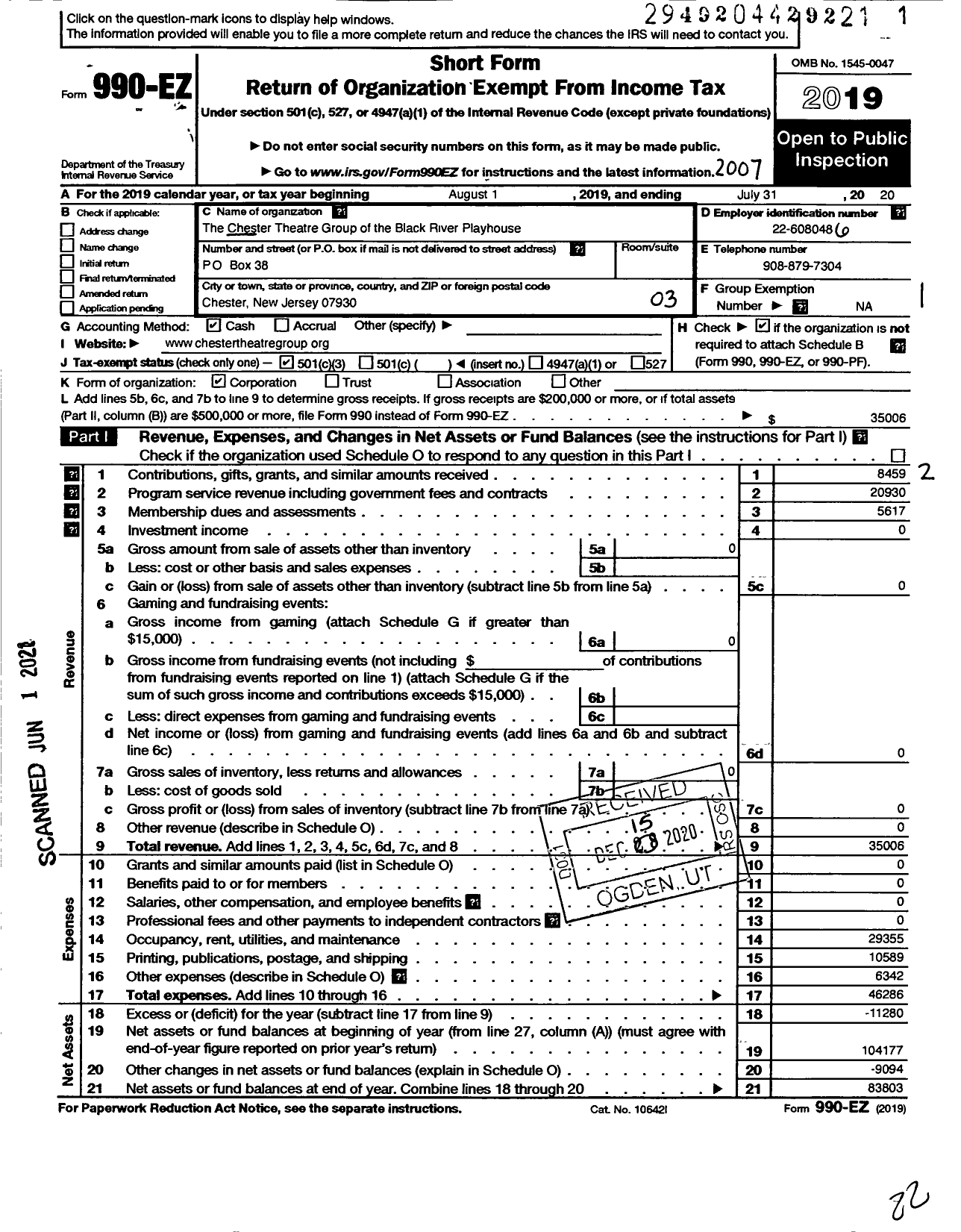 Image of first page of 2019 Form 990EZ for Chester Theatre Group of the Black River Playhouse