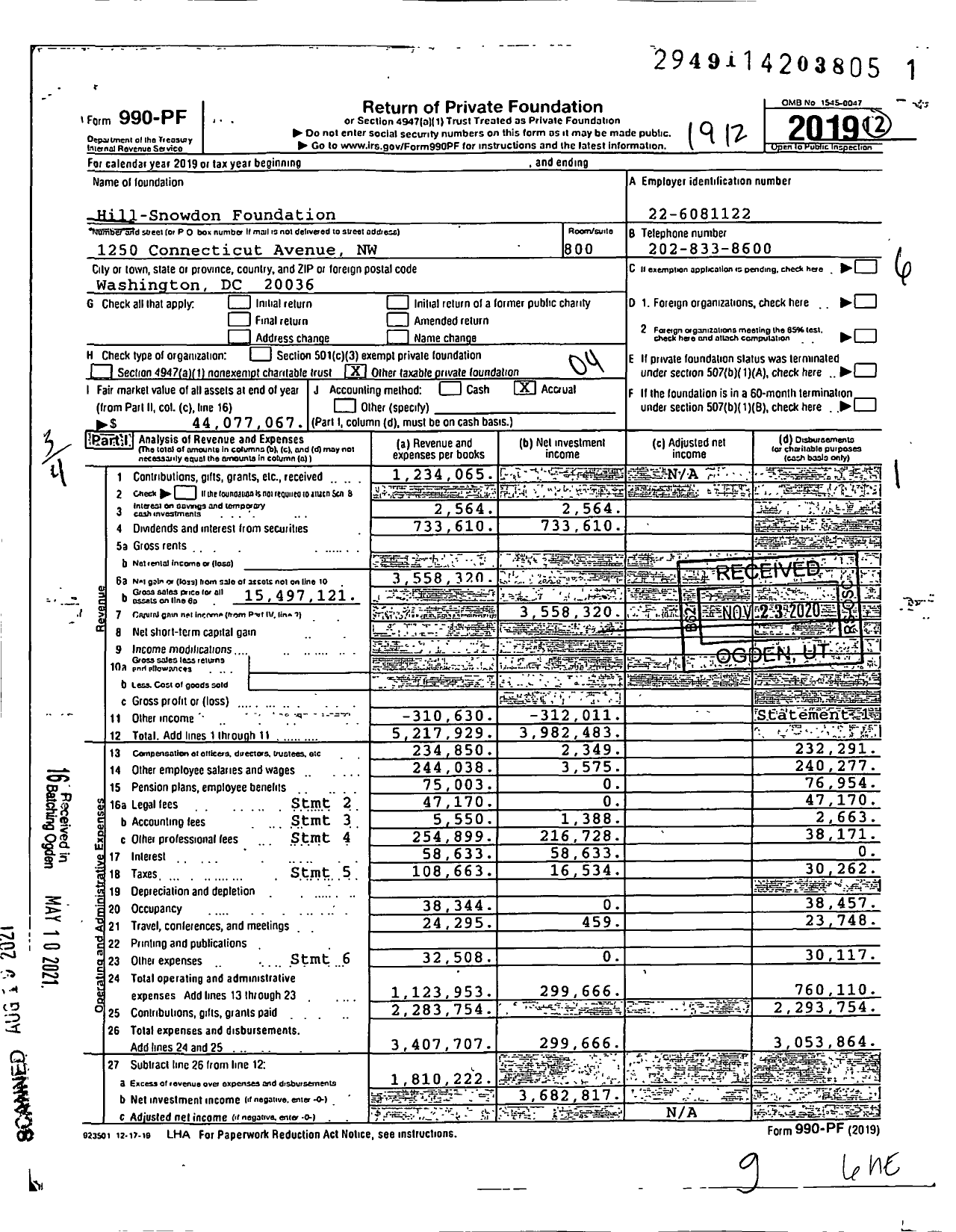 Image of first page of 2019 Form 990PF for Hill-Snowdon Foundation