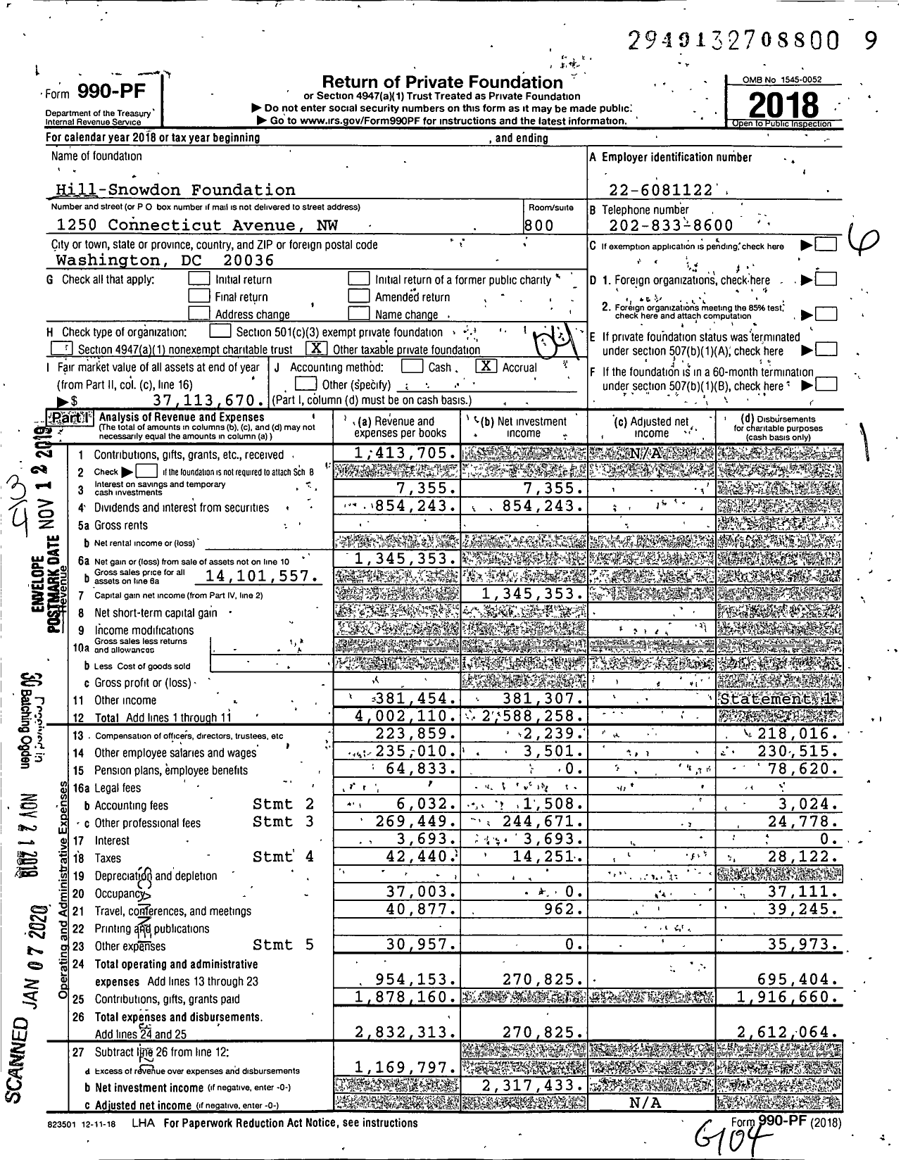 Image of first page of 2018 Form 990PF for Hill-Snowdon Foundation