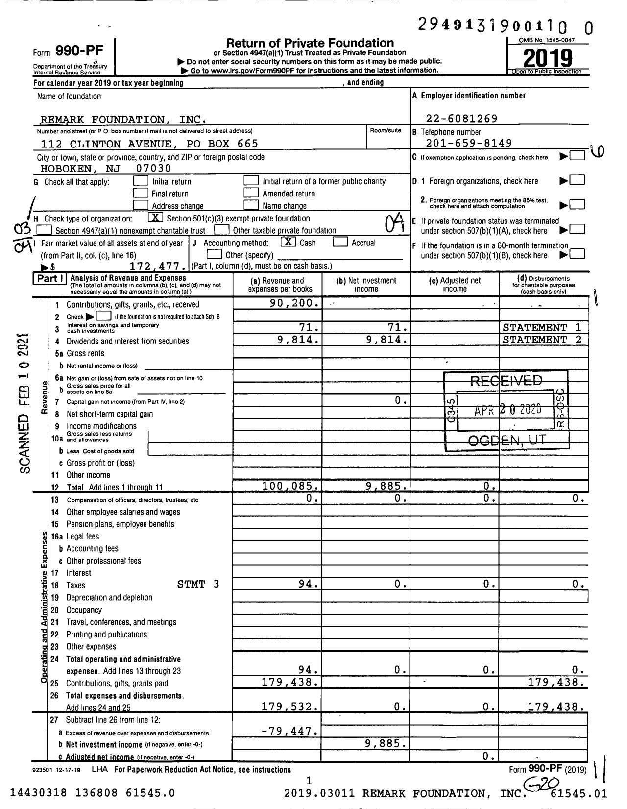 Image of first page of 2019 Form 990PF for Remark Foundation