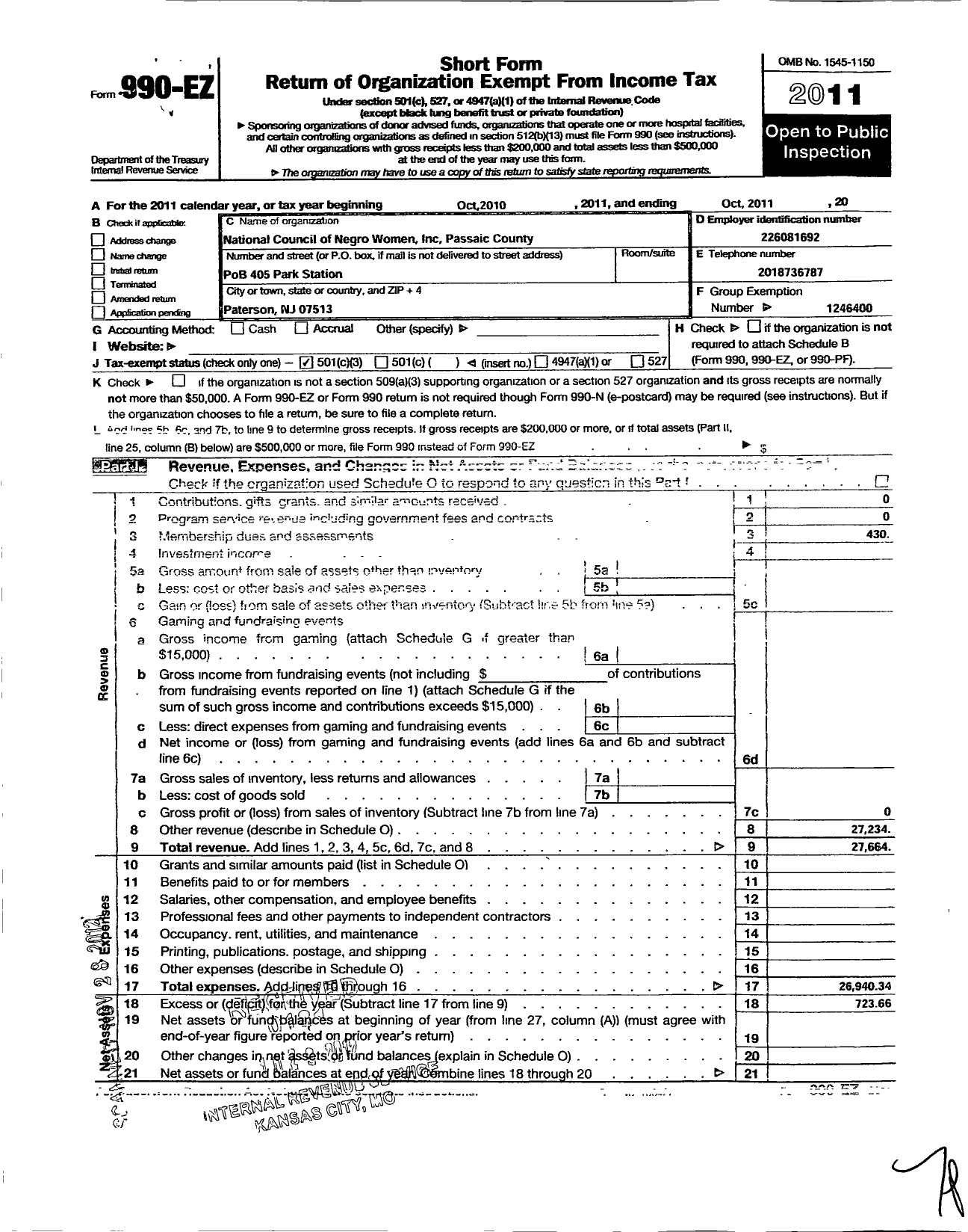 Image of first page of 2010 Form 990EZ for National Council of Negro Women / NJ008 Passiac County Section