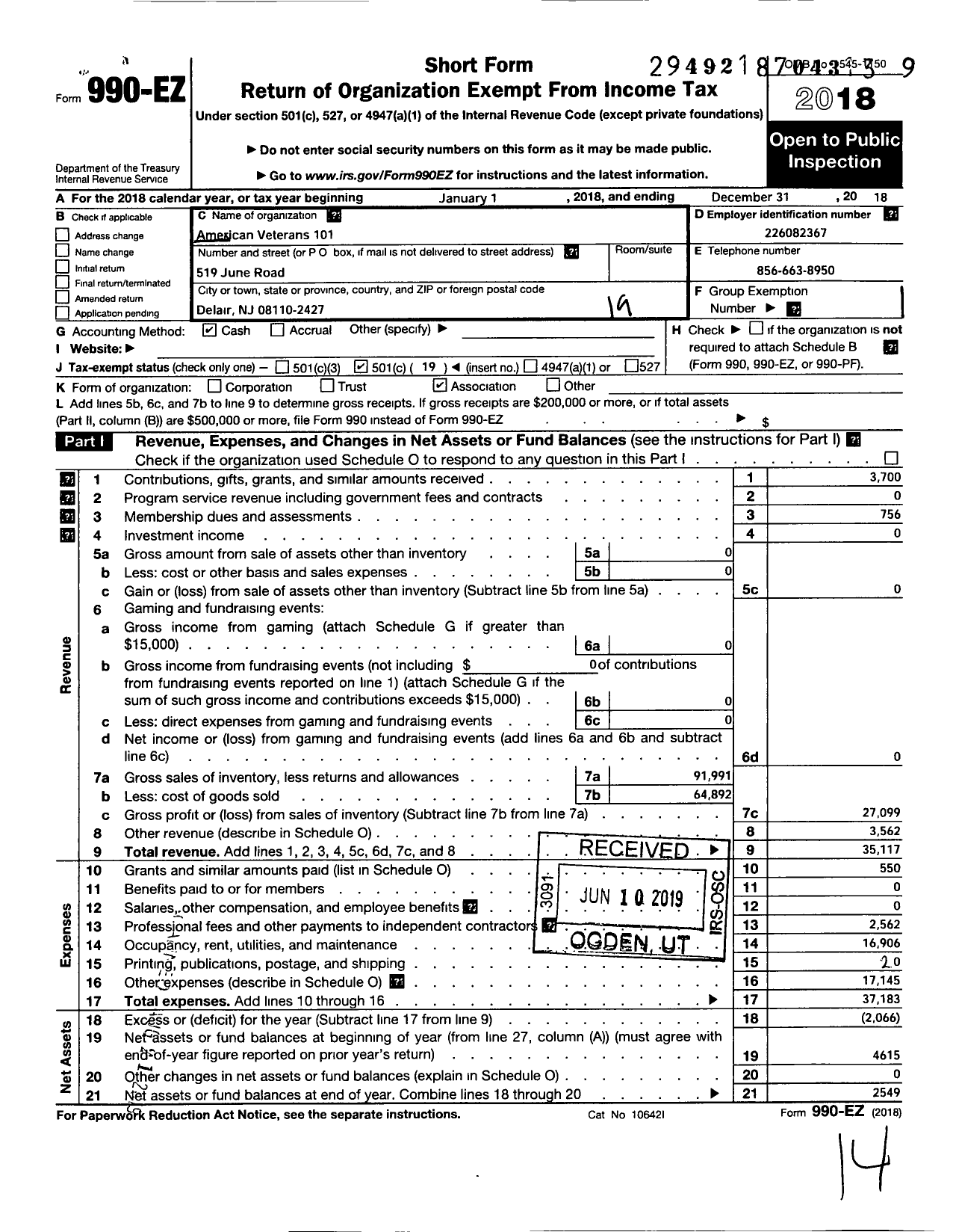 Image of first page of 2018 Form 990EO for Amvets - 101 NJ