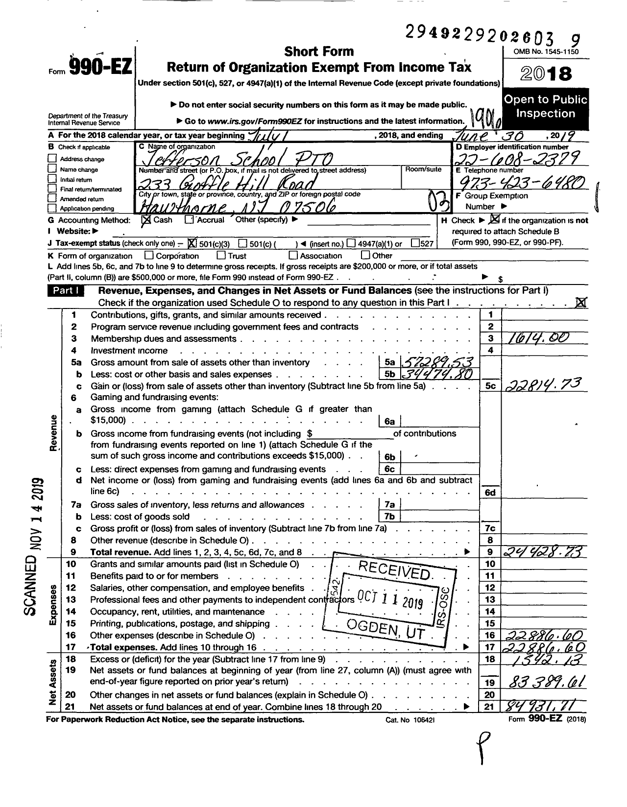 Image of first page of 2018 Form 990EZ for Jefferson School Parent Teacher Organization