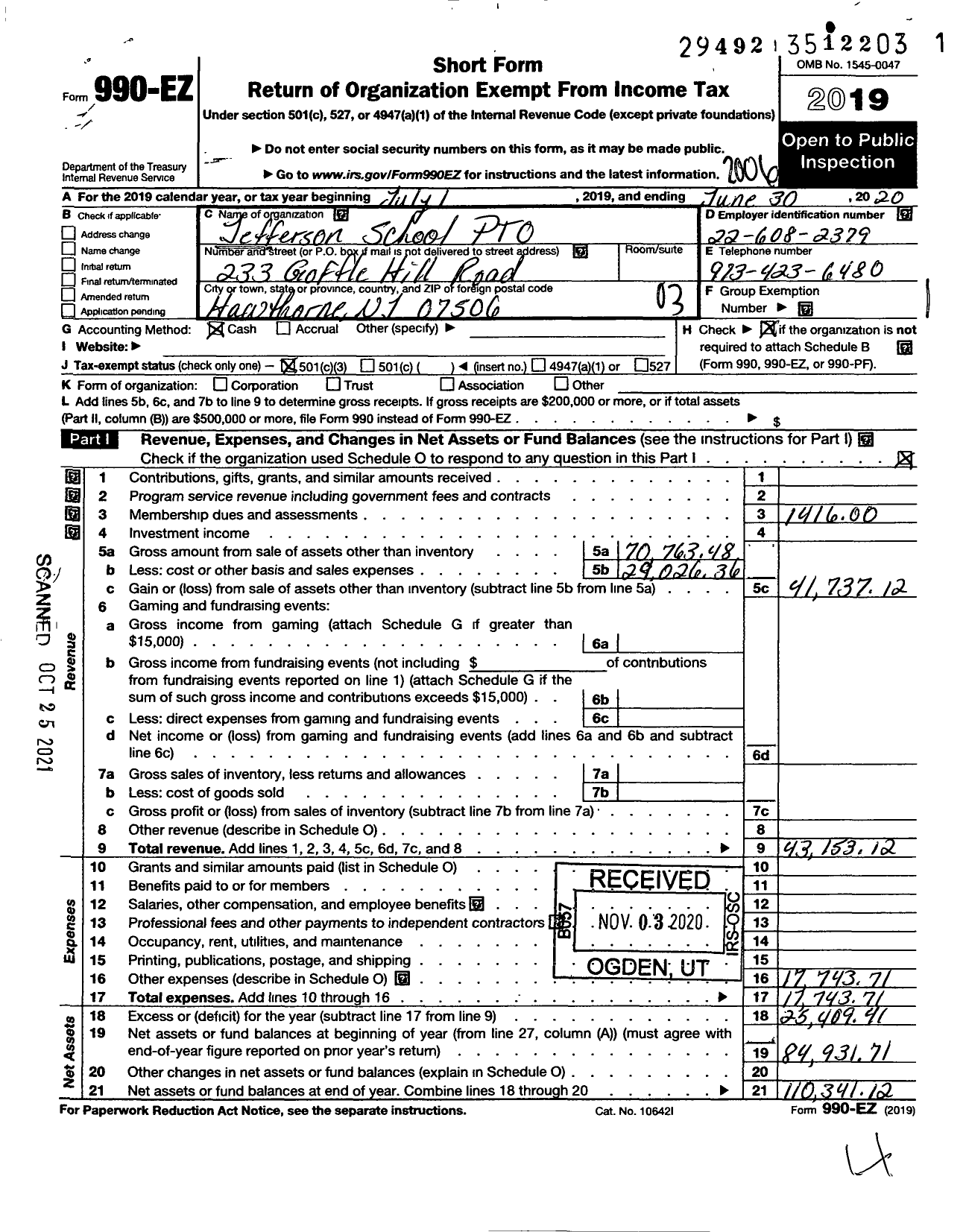 Image of first page of 2019 Form 990EZ for Jefferson School Parent Teacher Organization